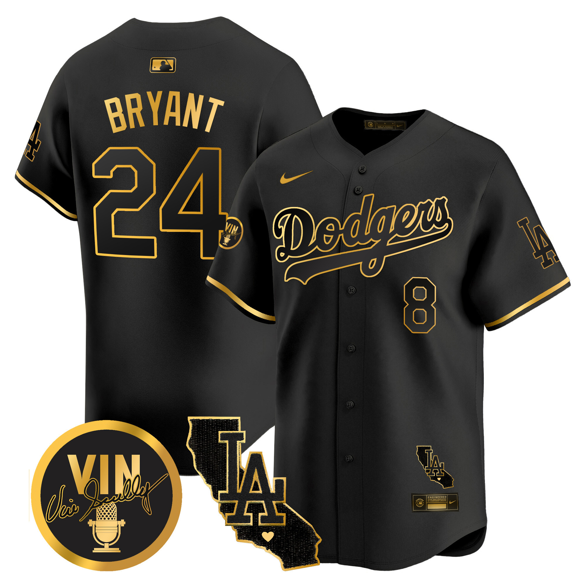 Men's Dodgers Vin & California Patch Gold Vapor Premier Limited Jersey - All Stitched