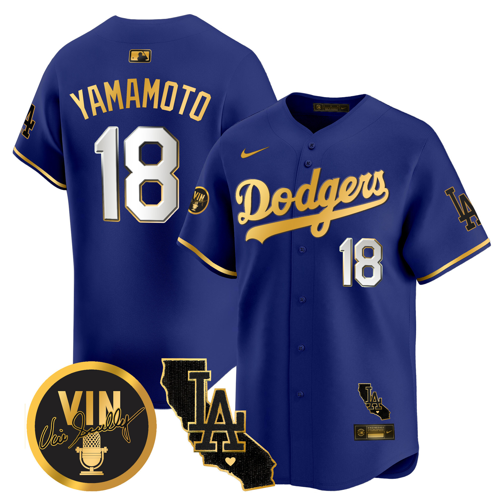 Men's Dodgers Vin & California Patch Gold Vapor Premier Limited Jersey - All Stitched