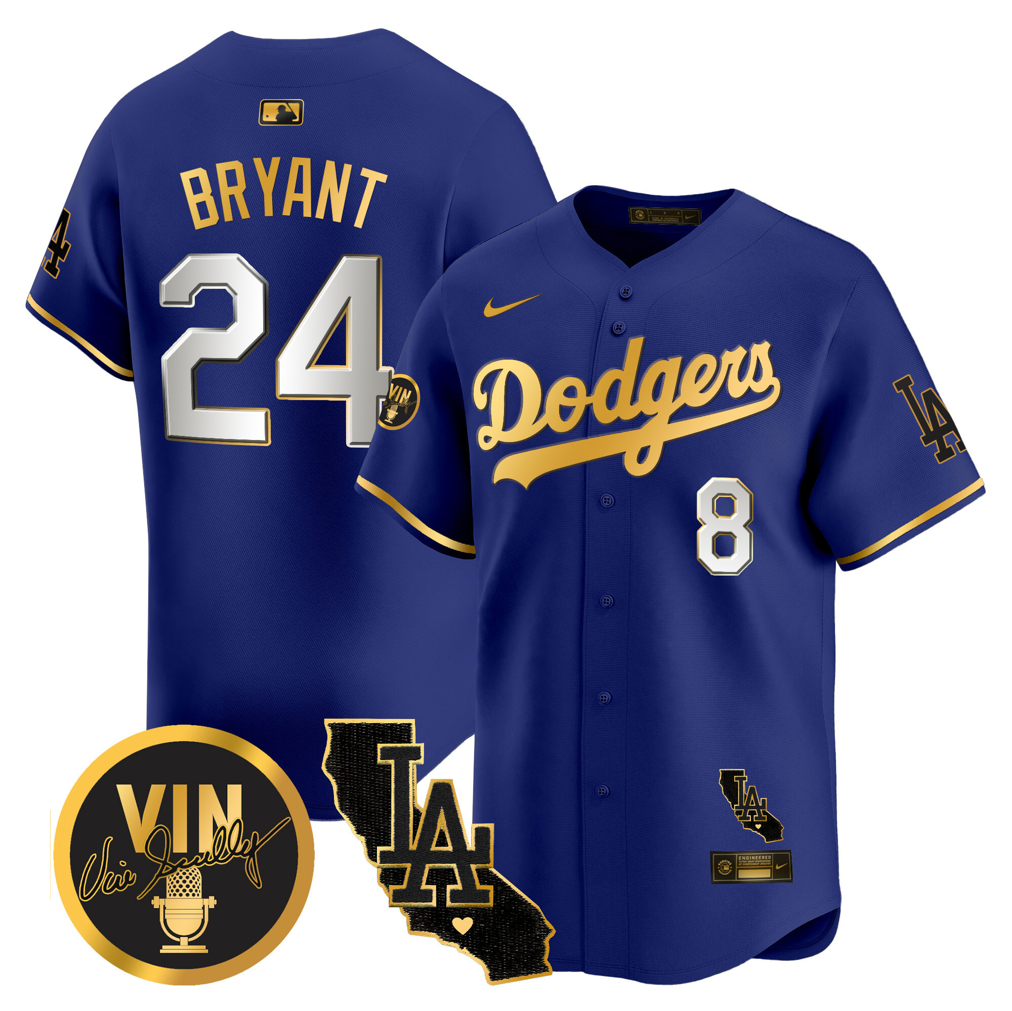 Men's Dodgers Vin & California Patch Gold Vapor Premier Limited Jersey - All Stitched