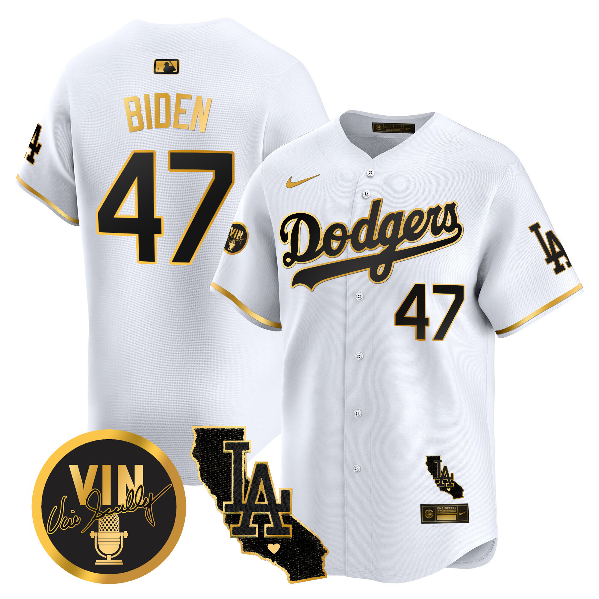 Men's Dodgers Vin & California Patch Gold Vapor Premier Limited Jersey - All Stitched