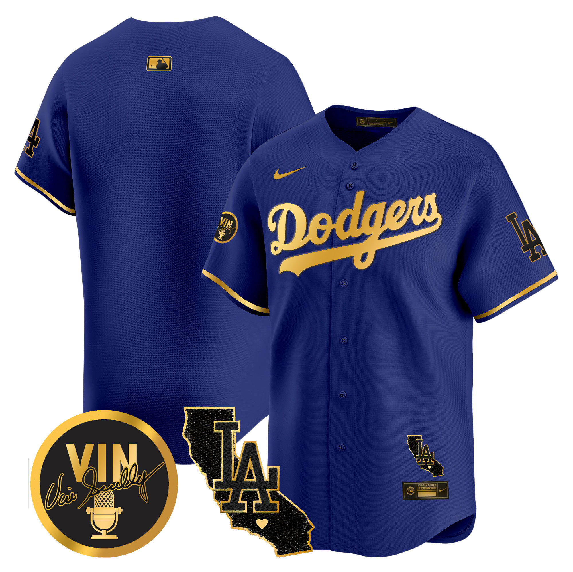 Men's Dodgers Vin & California Patch Gold Vapor Premier Limited Jersey - All Stitched