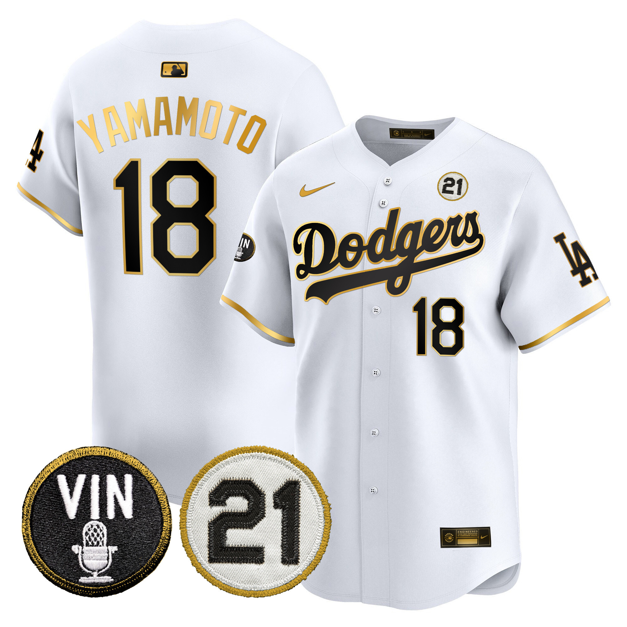Men's Dodgers Vin & Roberto Patch Gold Trim Vapor Premier Limited Jersey - All Stitched