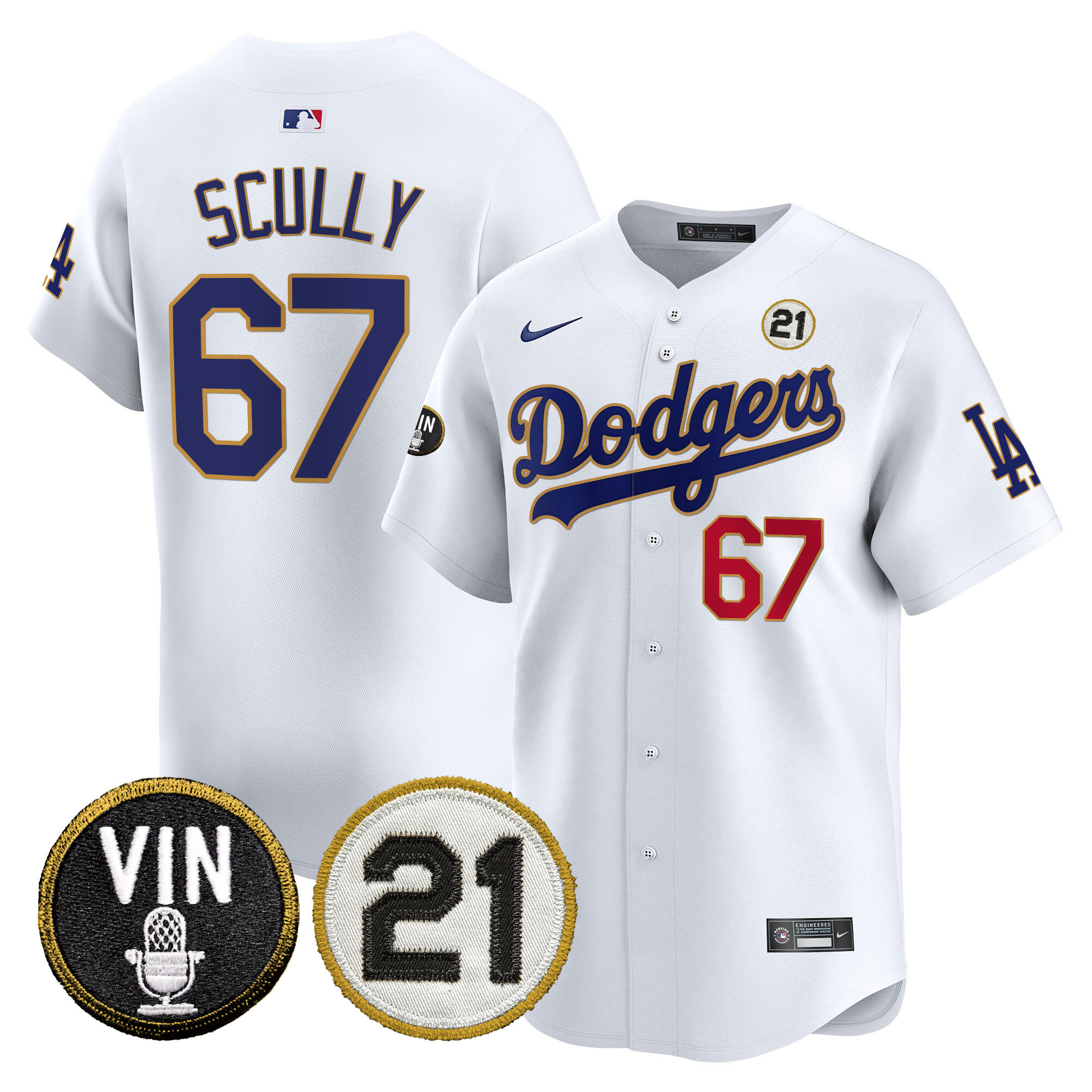 Men's Dodgers Vin & Roberto Patch Gold Trim Vapor Premier Limited Jersey - All Stitched