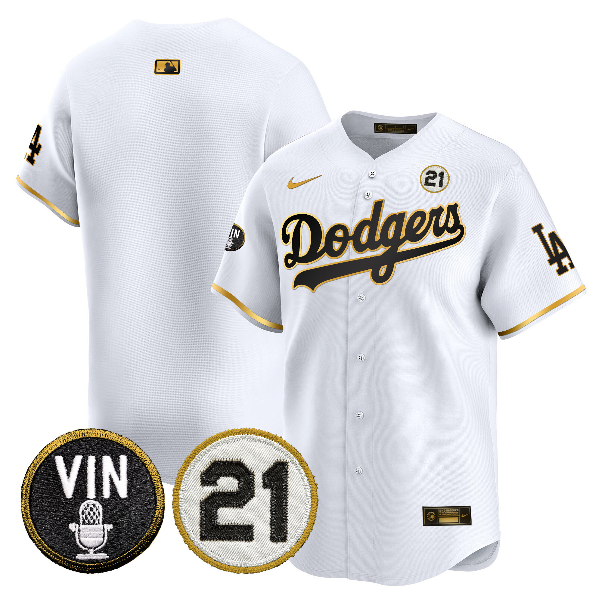 Men's Dodgers Vin & Roberto Patch Gold Trim Vapor Premier Limited Jersey - All Stitched