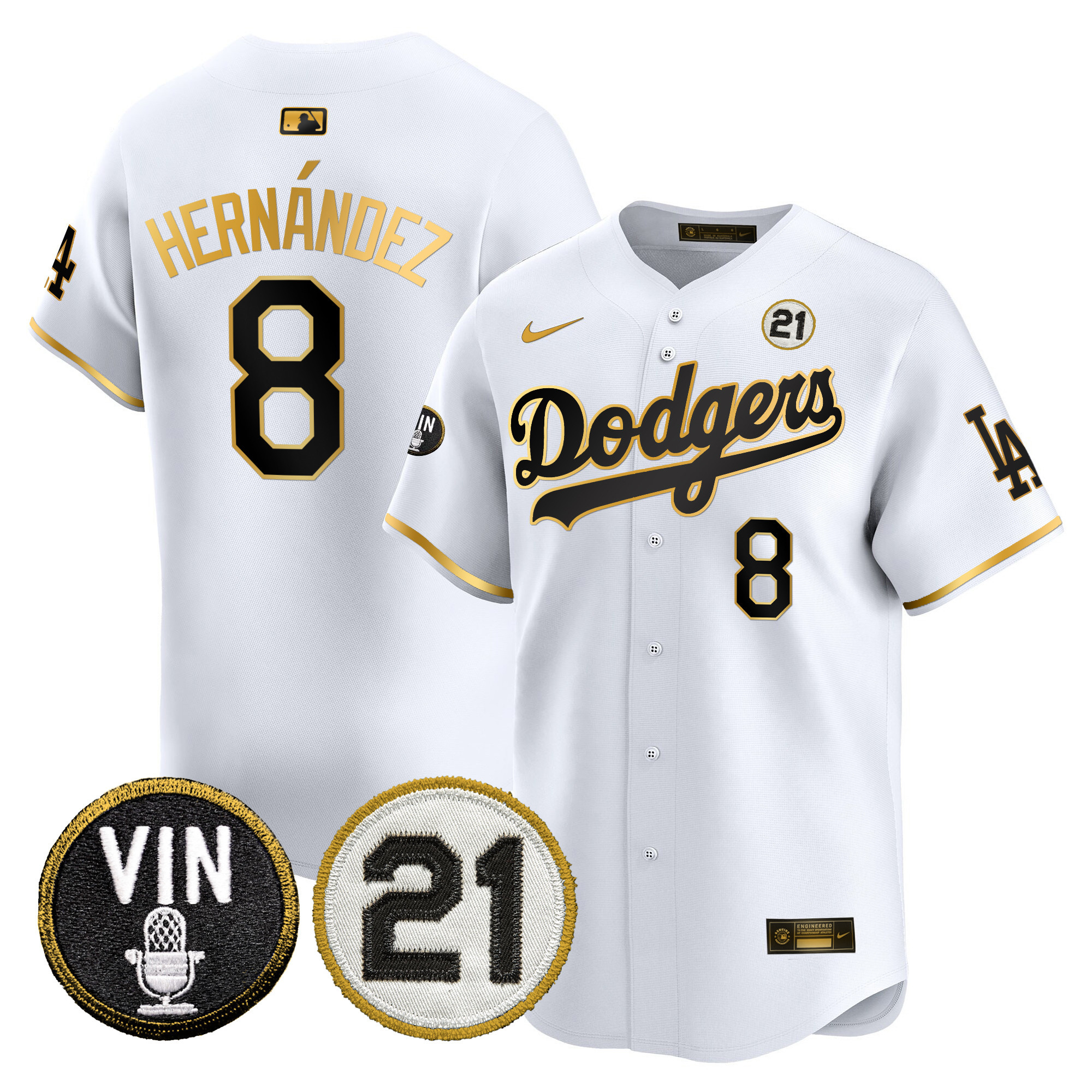 Men's Dodgers Vin & Roberto Patch Gold Trim Vapor Premier Limited Jersey - All Stitched