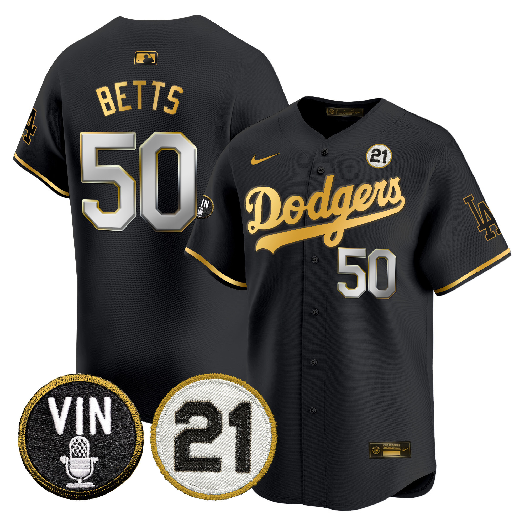 Men's Dodgers Vin & Roberto Patch Gold Trim Vapor Premier Limited Jersey - All Stitched