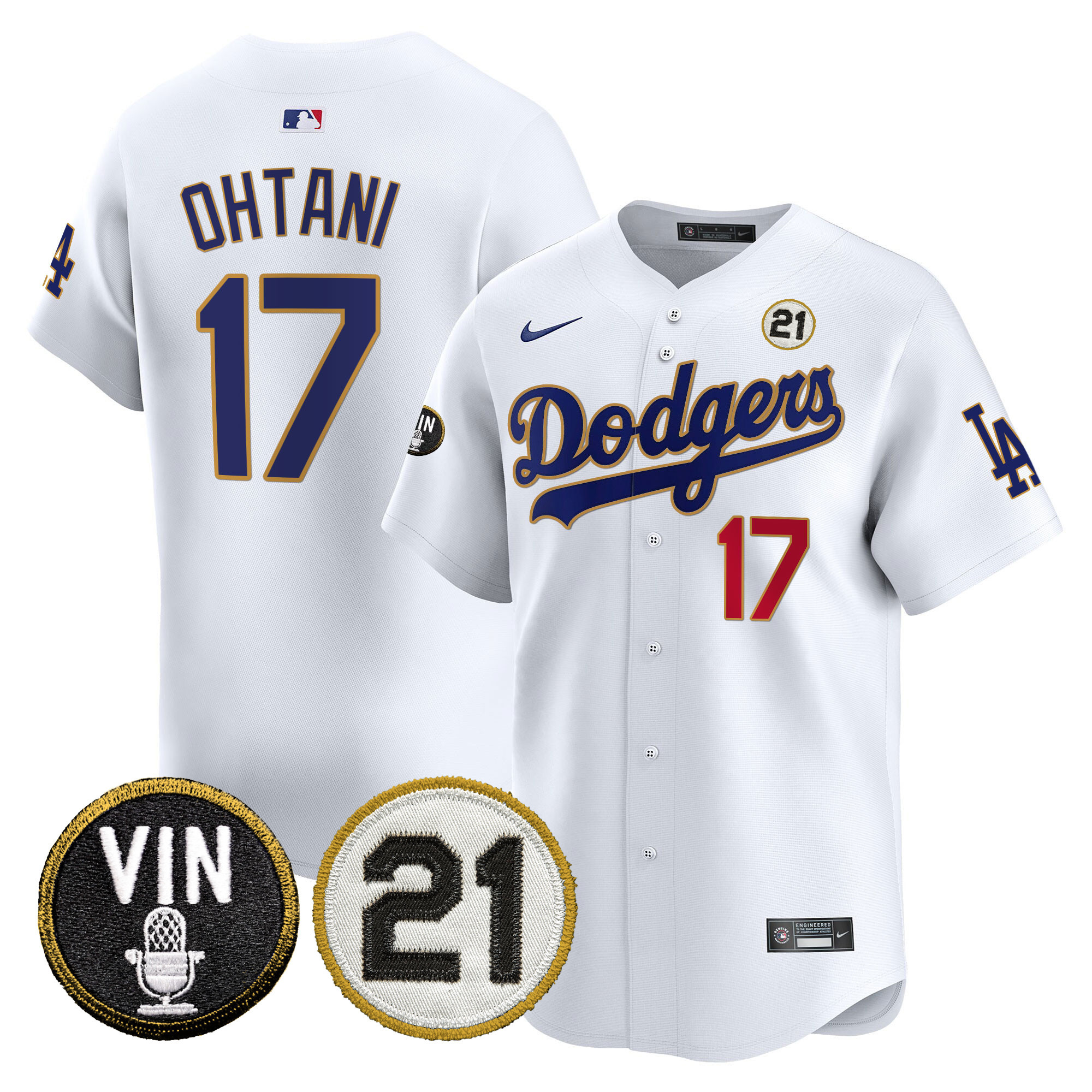 Men's Dodgers Vin & Roberto Patch Gold Trim Vapor Premier Limited Jersey - All Stitched