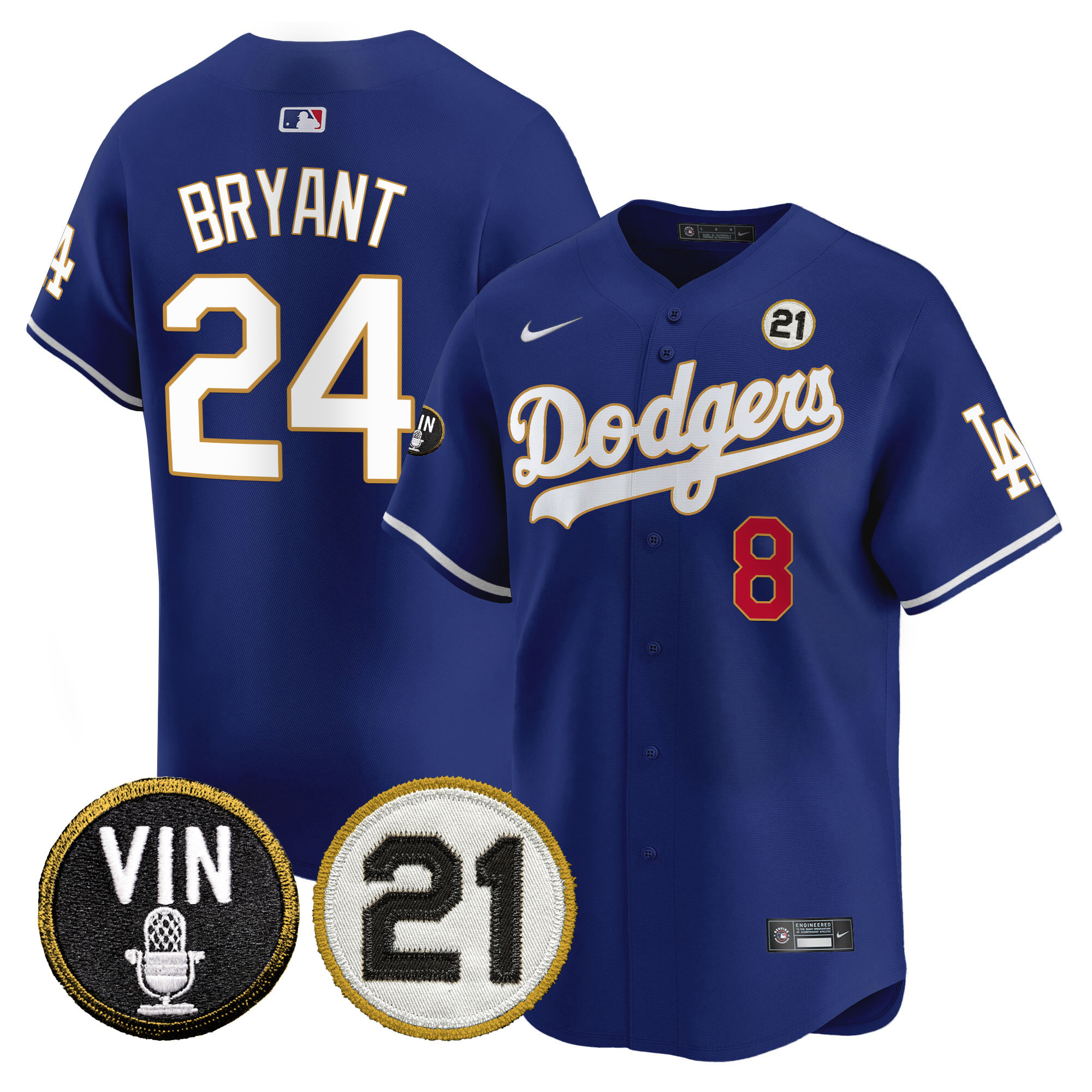 Men's Dodgers Vin & Roberto Patch Gold Trim Vapor Premier Limited Jersey - All Stitched