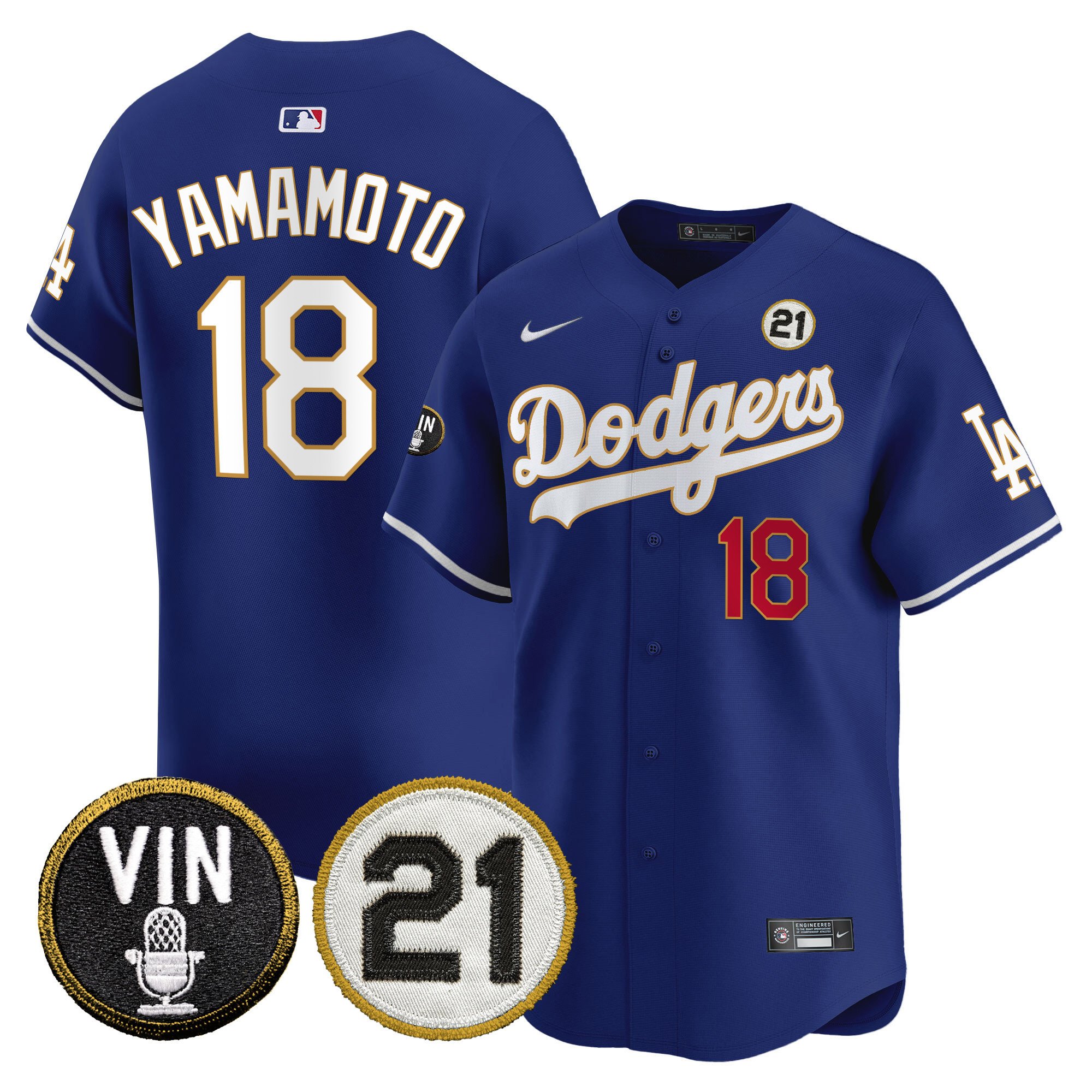 Men's Dodgers Vin & Roberto Patch Gold Trim Vapor Premier Limited Jersey - All Stitched