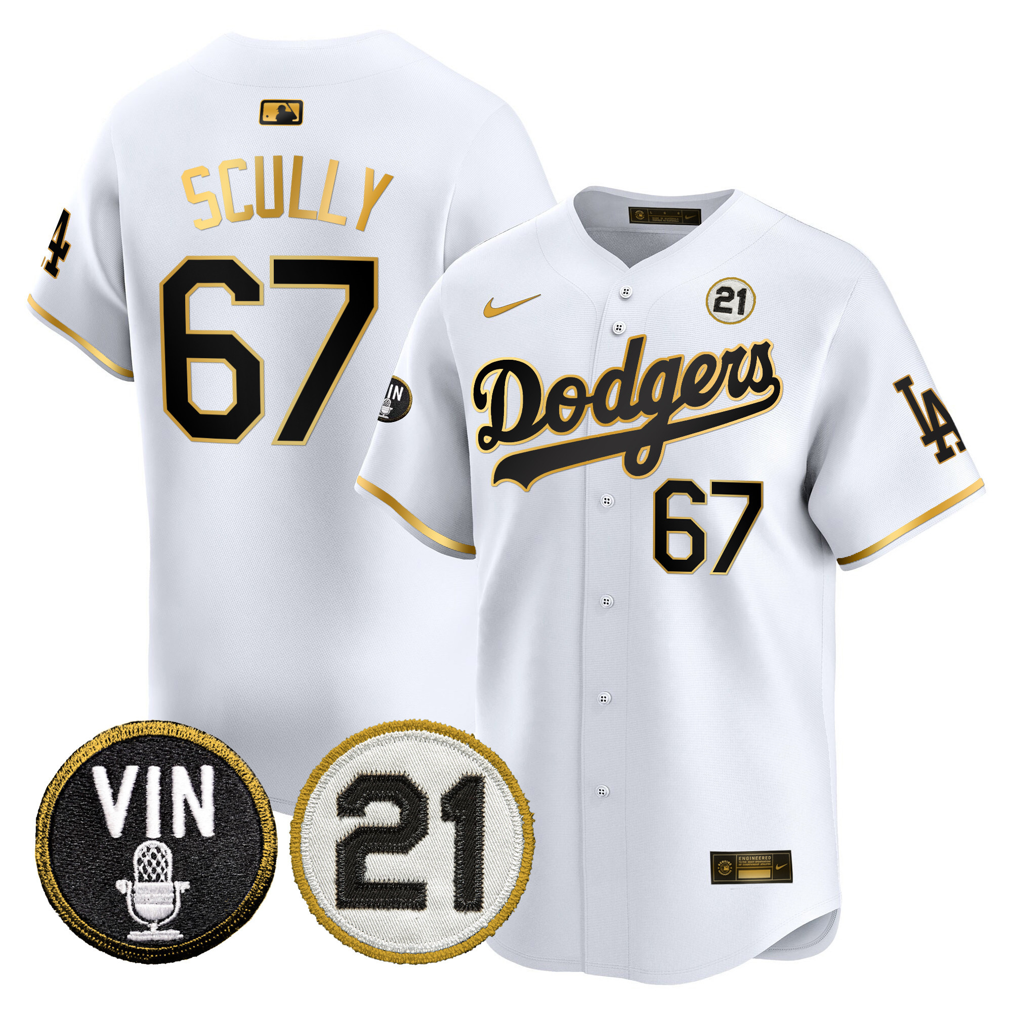Men's Dodgers Vin & Roberto Patch Gold Trim Vapor Premier Limited Jersey - All Stitched