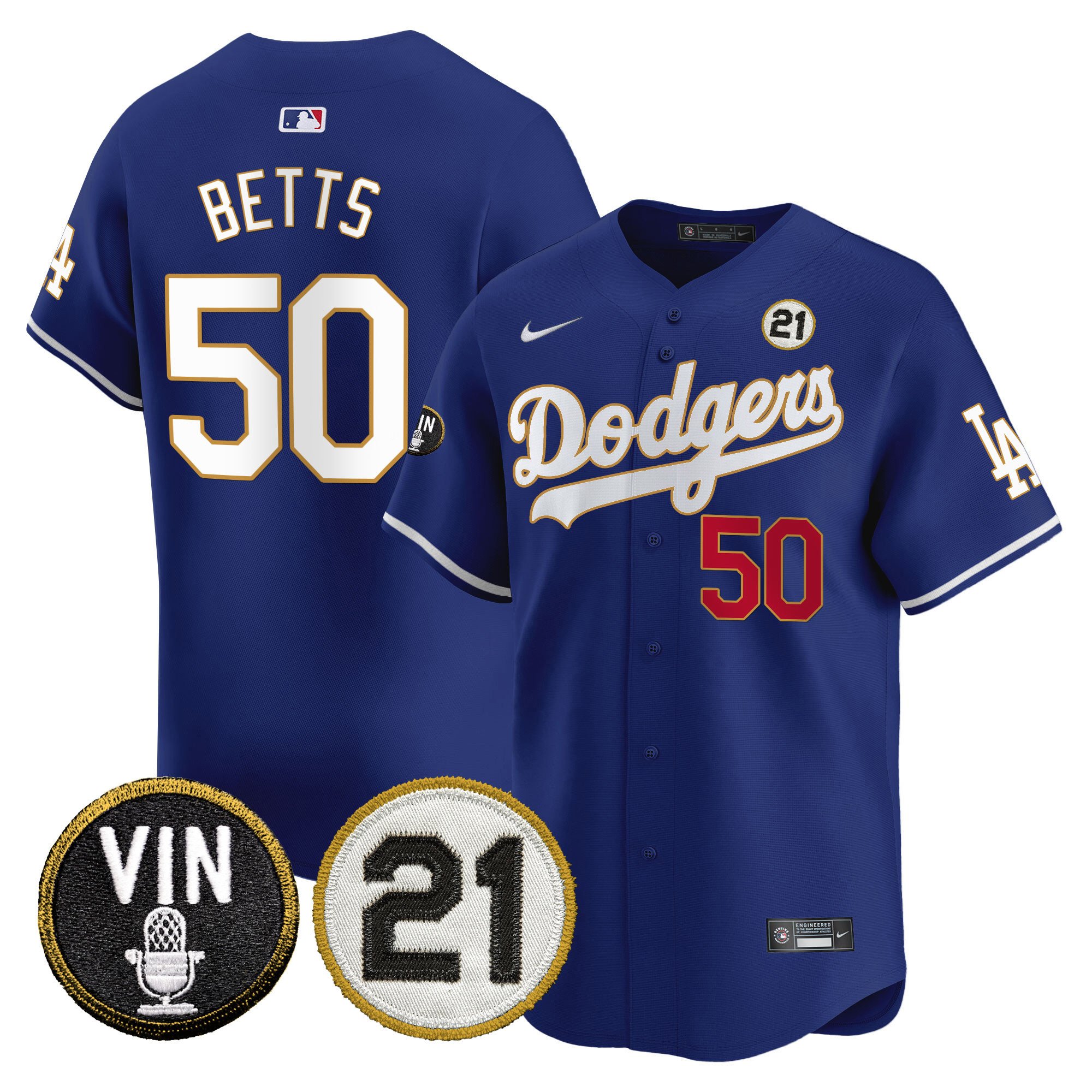 Men's Dodgers Vin & Roberto Patch Gold Trim Vapor Premier Limited Jersey - All Stitched