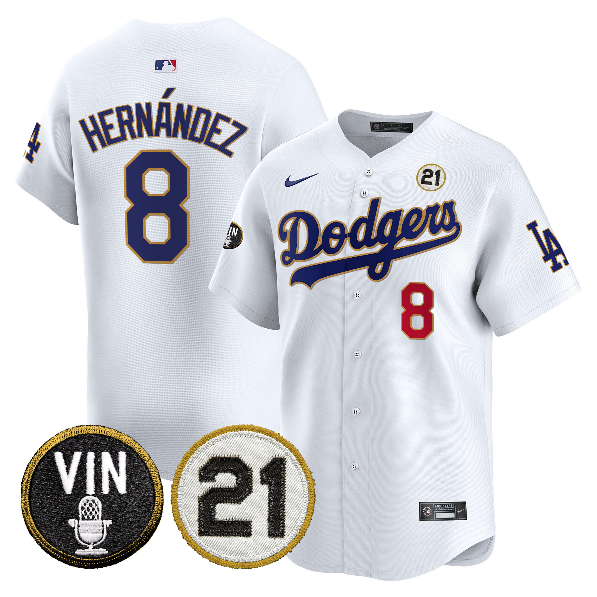 Men's Dodgers Vin & Roberto Patch Gold Trim Vapor Premier Limited Jersey - All Stitched