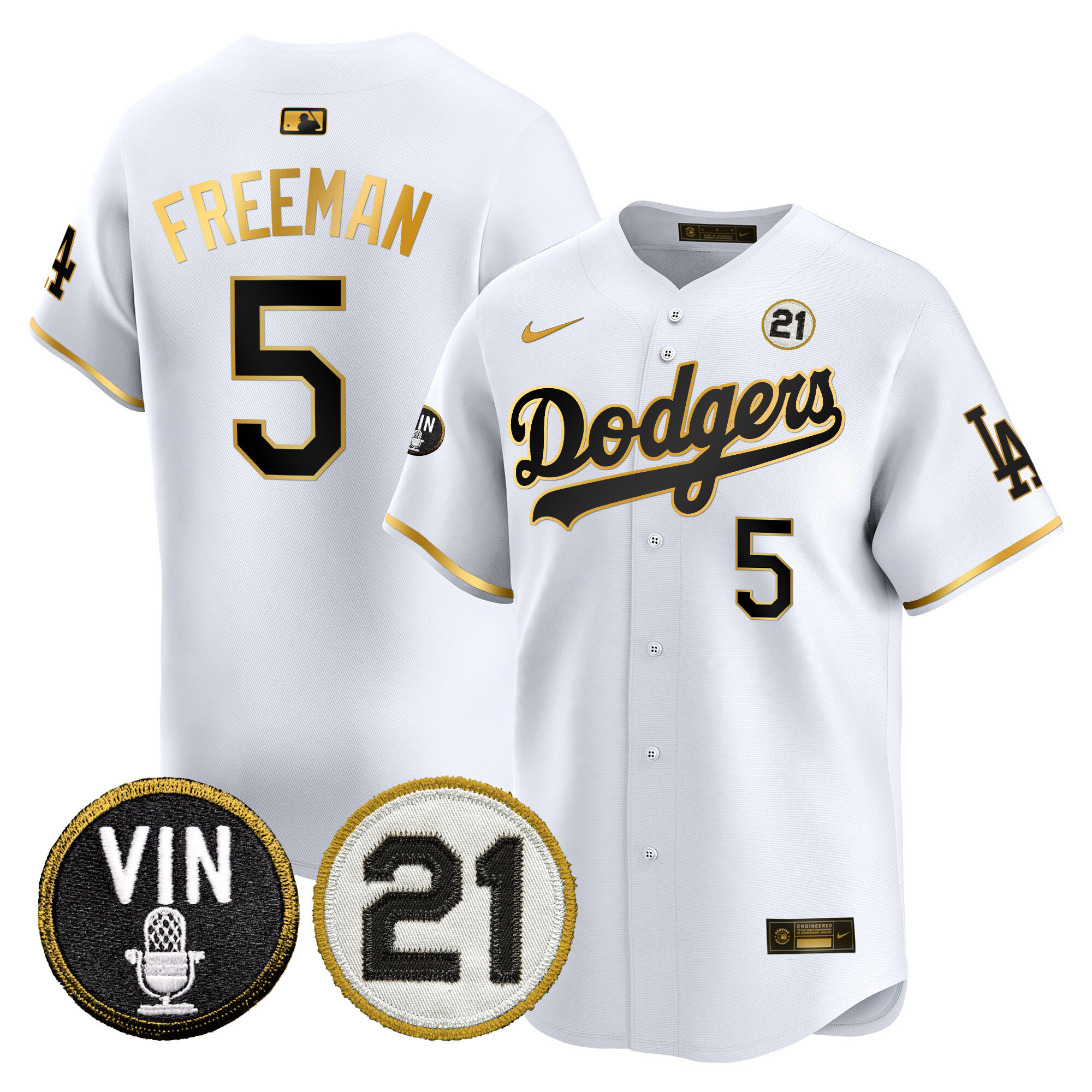 Men's Dodgers Vin & Roberto Patch Gold Trim Vapor Premier Limited Jersey - All Stitched