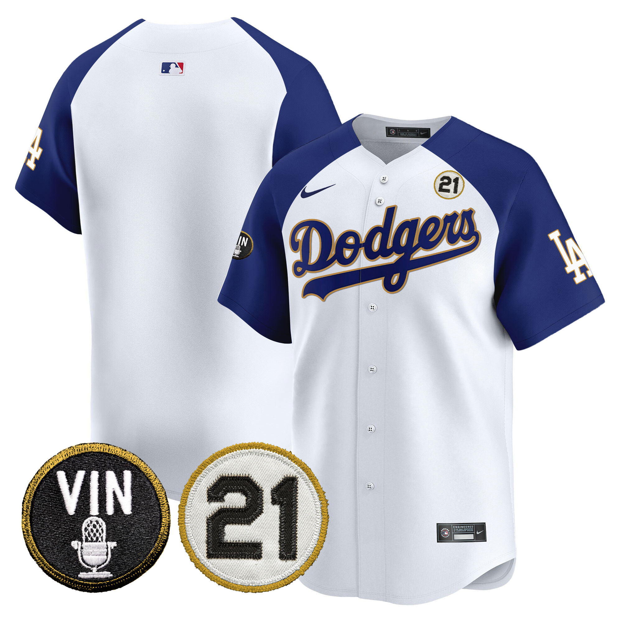 Men's Dodgers Vin & Roberto Patch Gold Trim Vapor Premier Limited Jersey - All Stitched