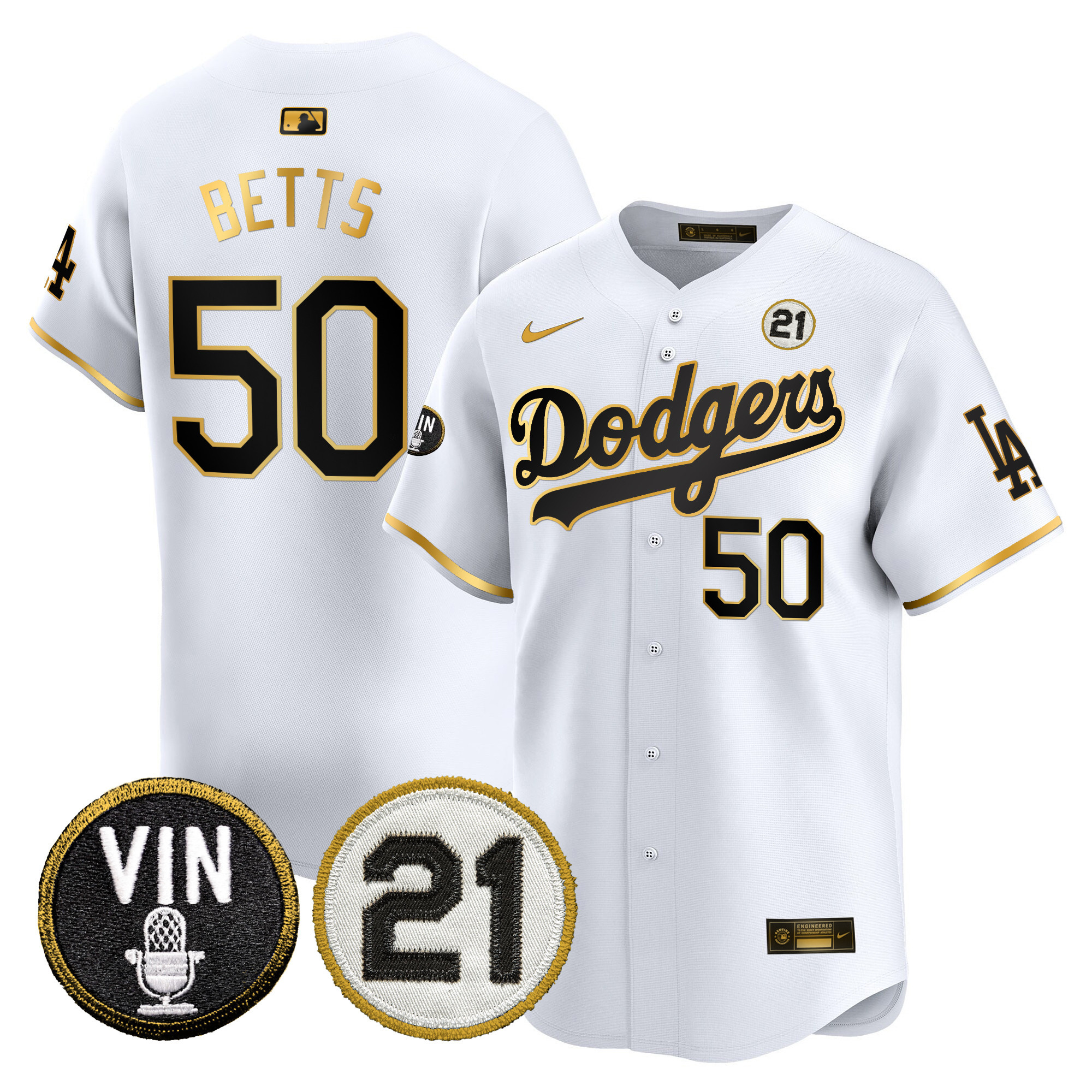 Men's Dodgers Vin & Roberto Patch Gold Trim Vapor Premier Limited Jersey - All Stitched