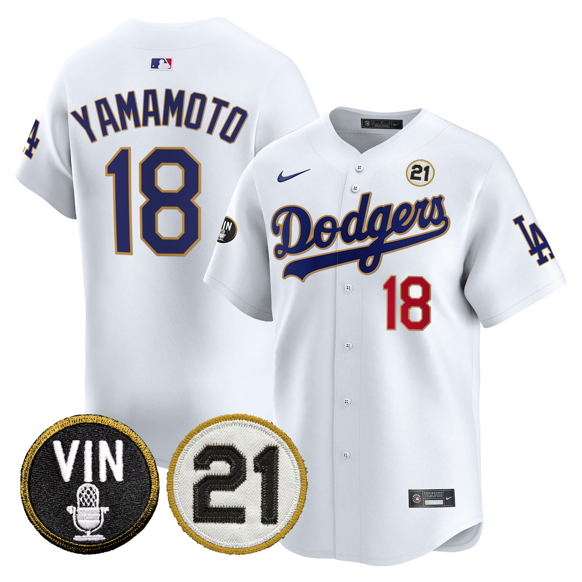 Men's Dodgers Vin & Roberto Patch Gold Trim Vapor Premier Limited Jersey - All Stitched