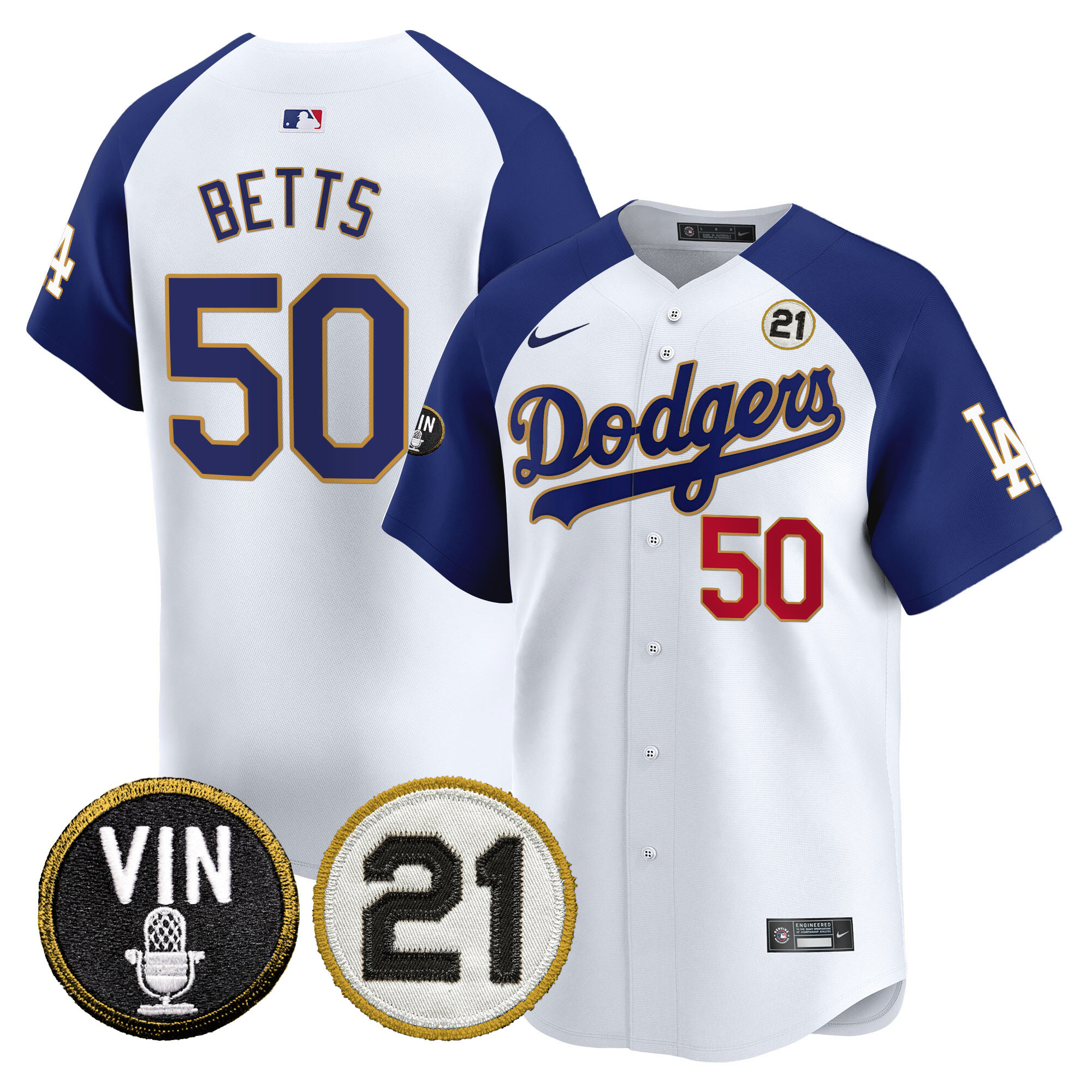 Men's Dodgers Vin & Roberto Patch Gold Trim Vapor Premier Limited Jersey - All Stitched