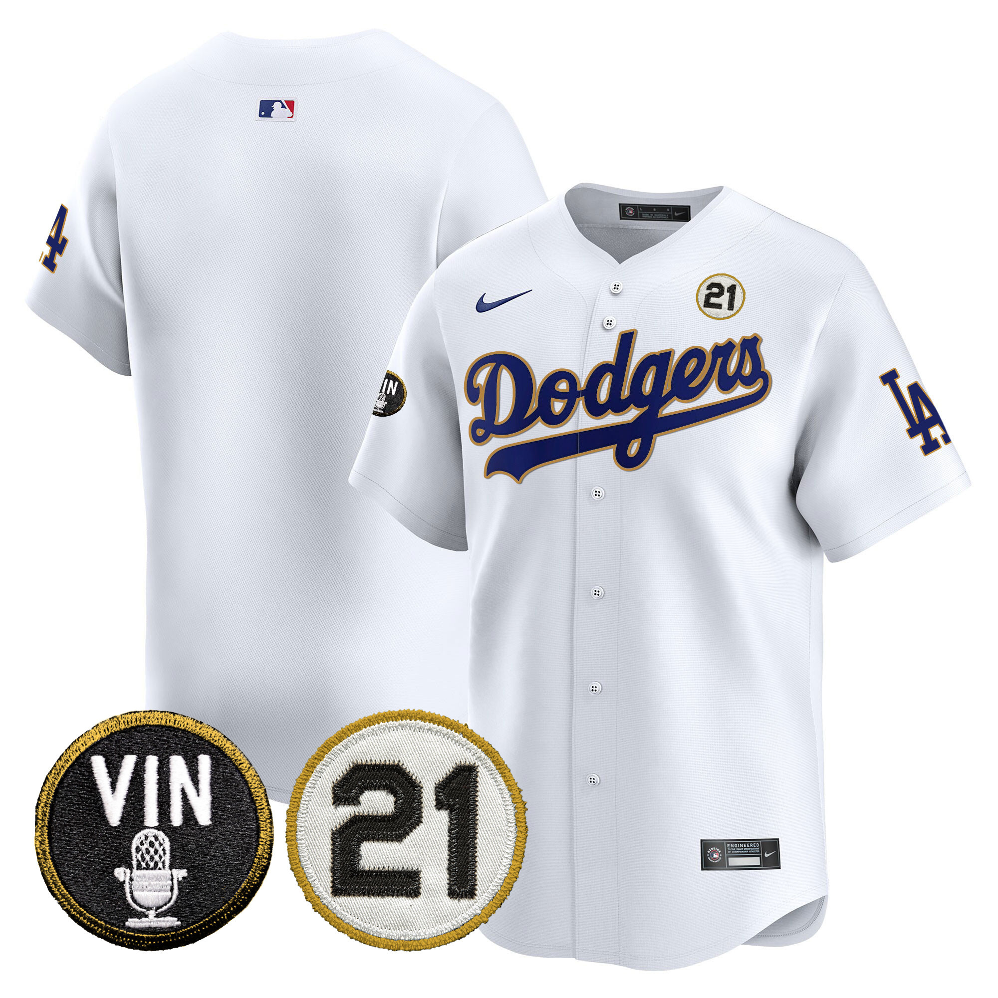 Men's Dodgers Vin & Roberto Patch Gold Trim Vapor Premier Limited Jersey - All Stitched