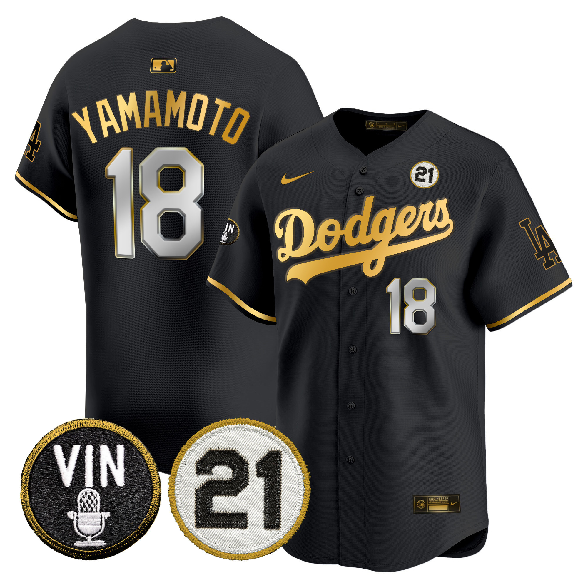 Men's Dodgers Vin & Roberto Patch Gold Trim Vapor Premier Limited Jersey - All Stitched