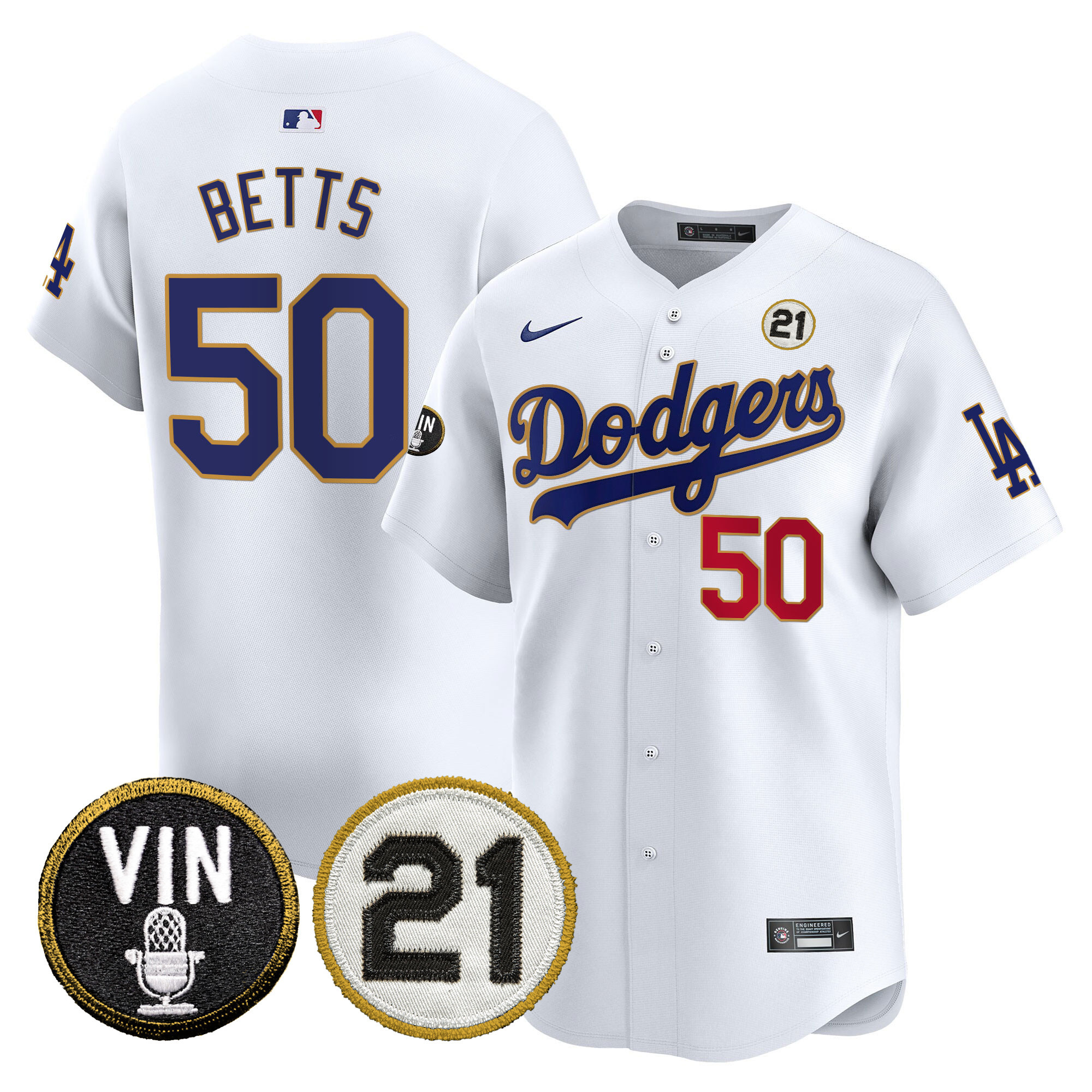 Men's Dodgers Vin & Roberto Patch Gold Trim Vapor Premier Limited Jersey - All Stitched