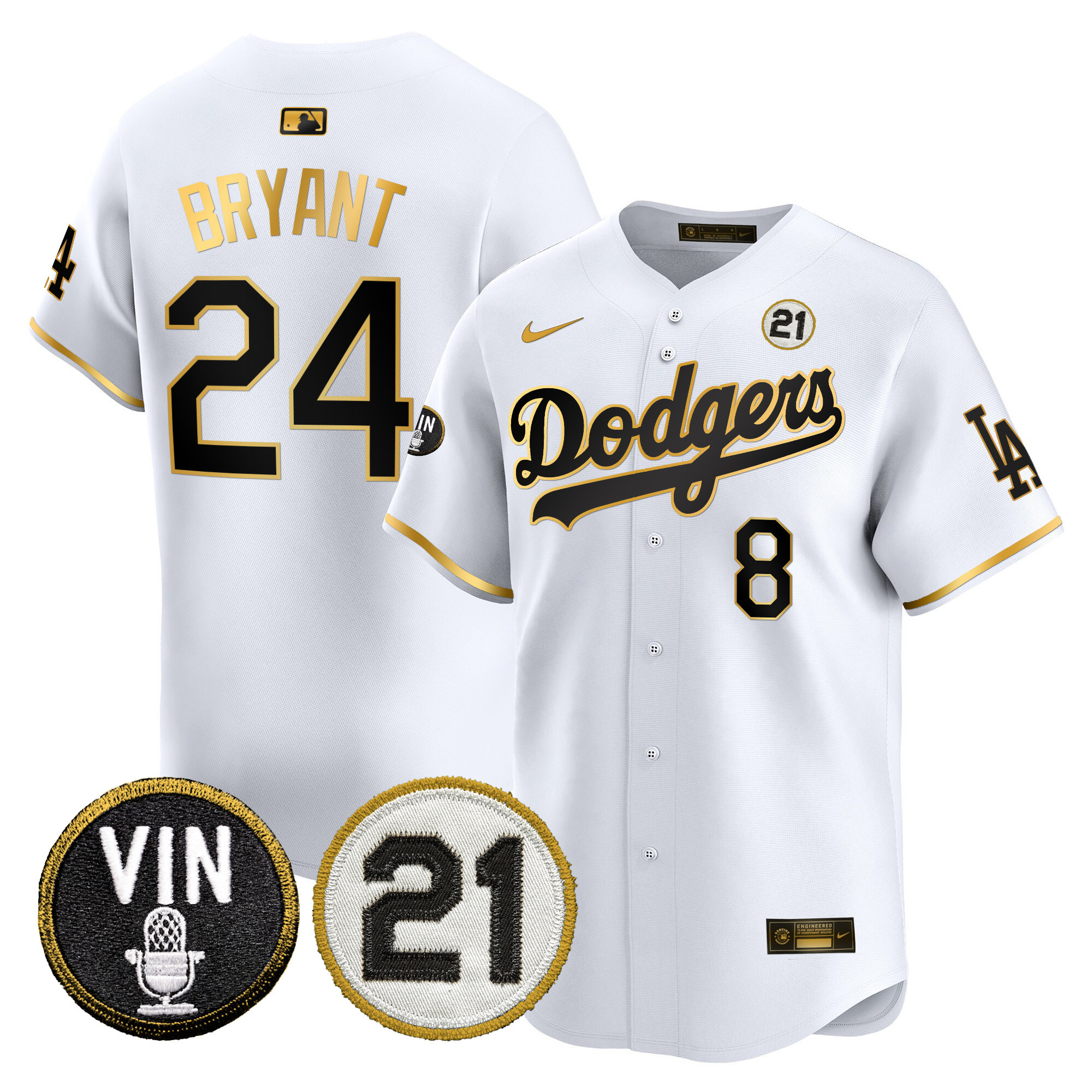 Men's Dodgers Vin & Roberto Patch Gold Trim Vapor Premier Limited Jersey - All Stitched