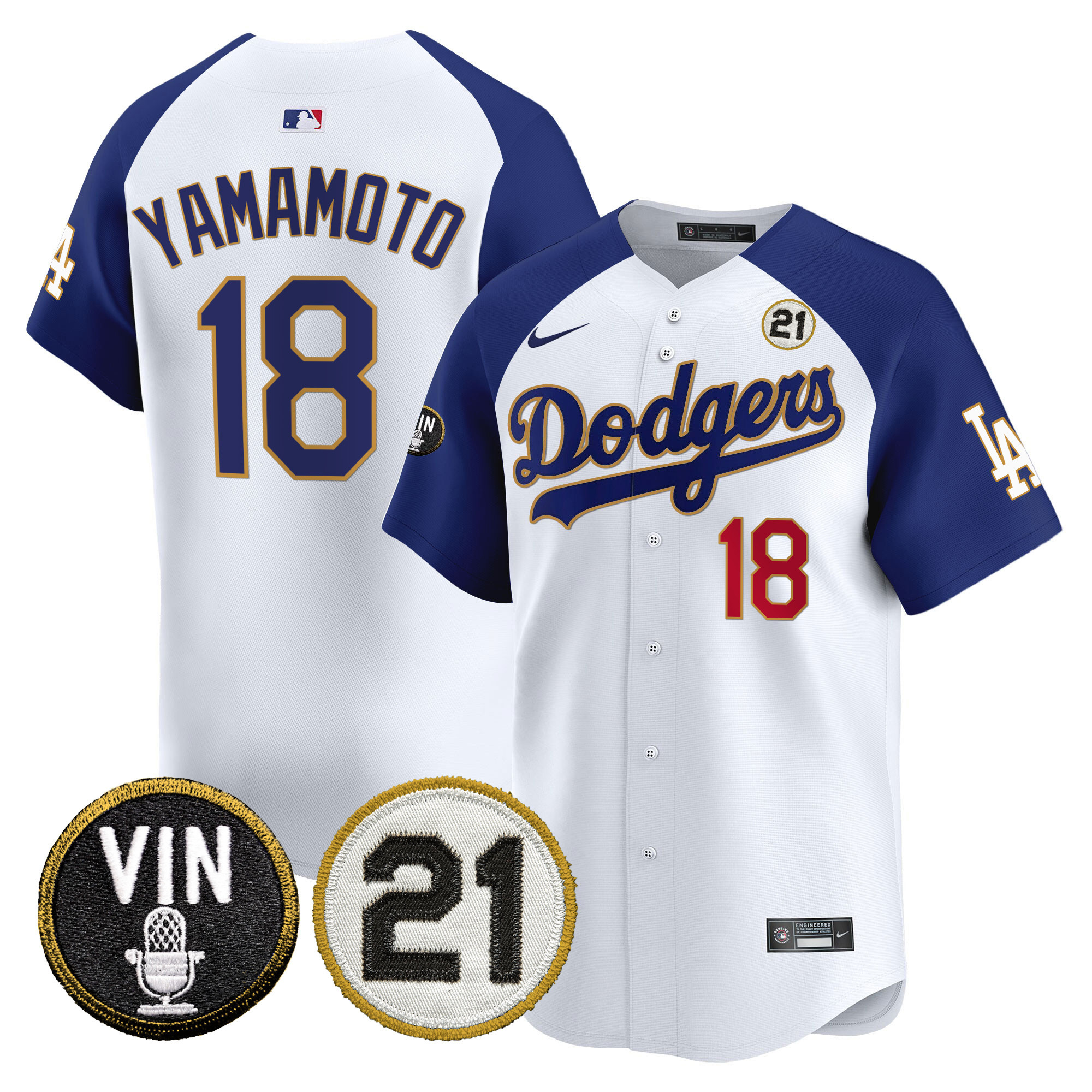 Men's Dodgers Vin & Roberto Patch Gold Trim Vapor Premier Limited Jersey - All Stitched