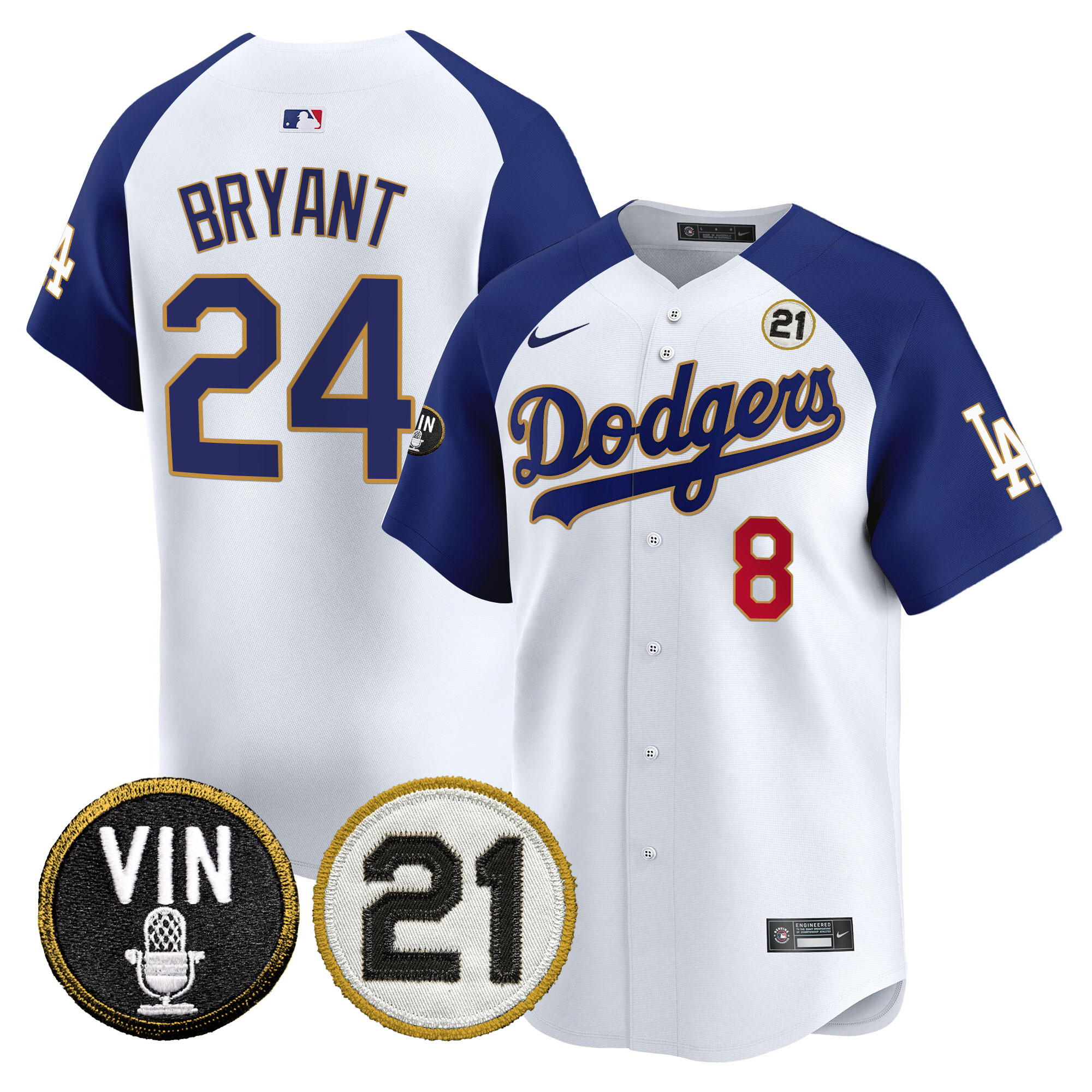 Men's Dodgers Vin & Roberto Patch Gold Trim Vapor Premier Limited Jersey - All Stitched