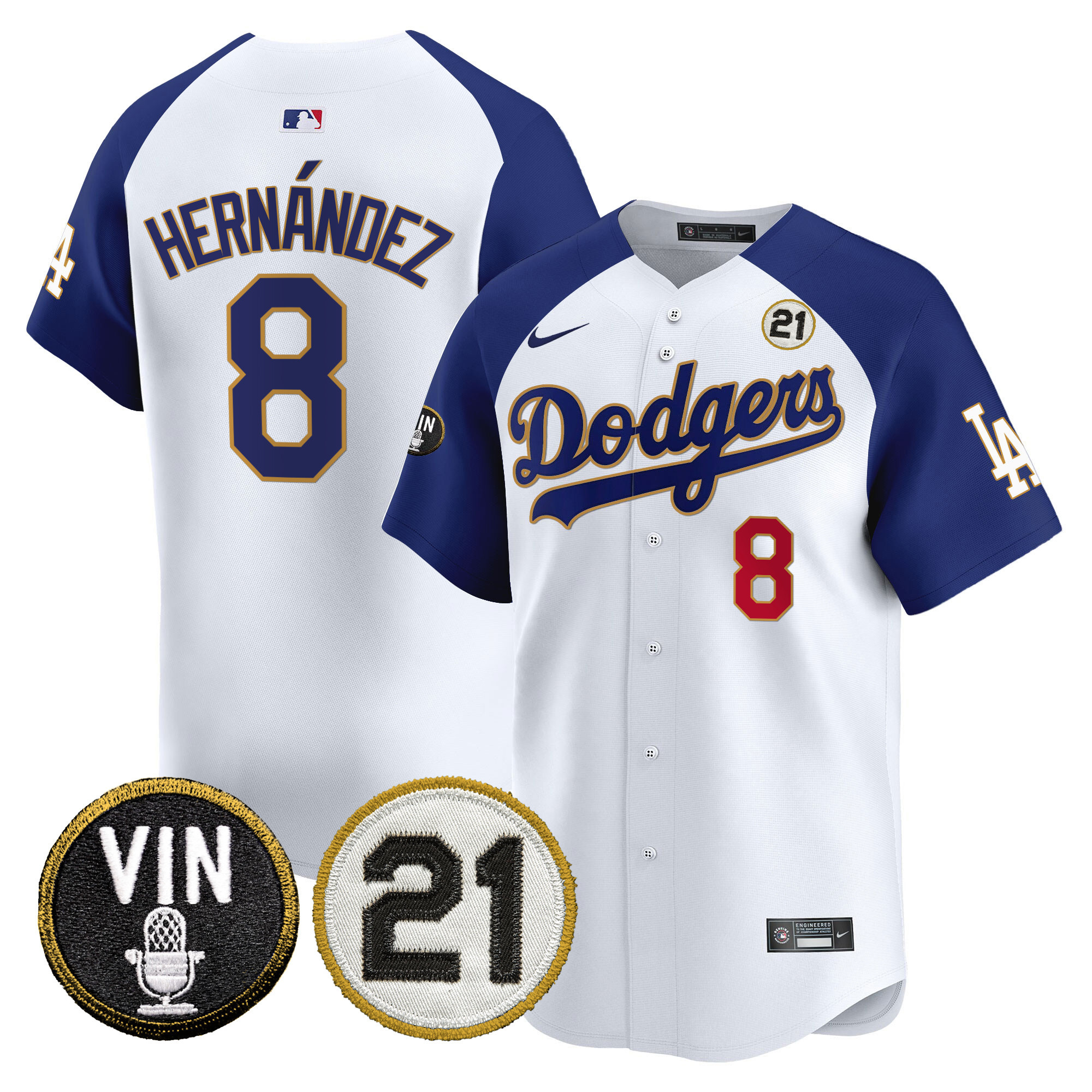 Men's Dodgers Vin & Roberto Patch Gold Trim Vapor Premier Limited Jersey - All Stitched