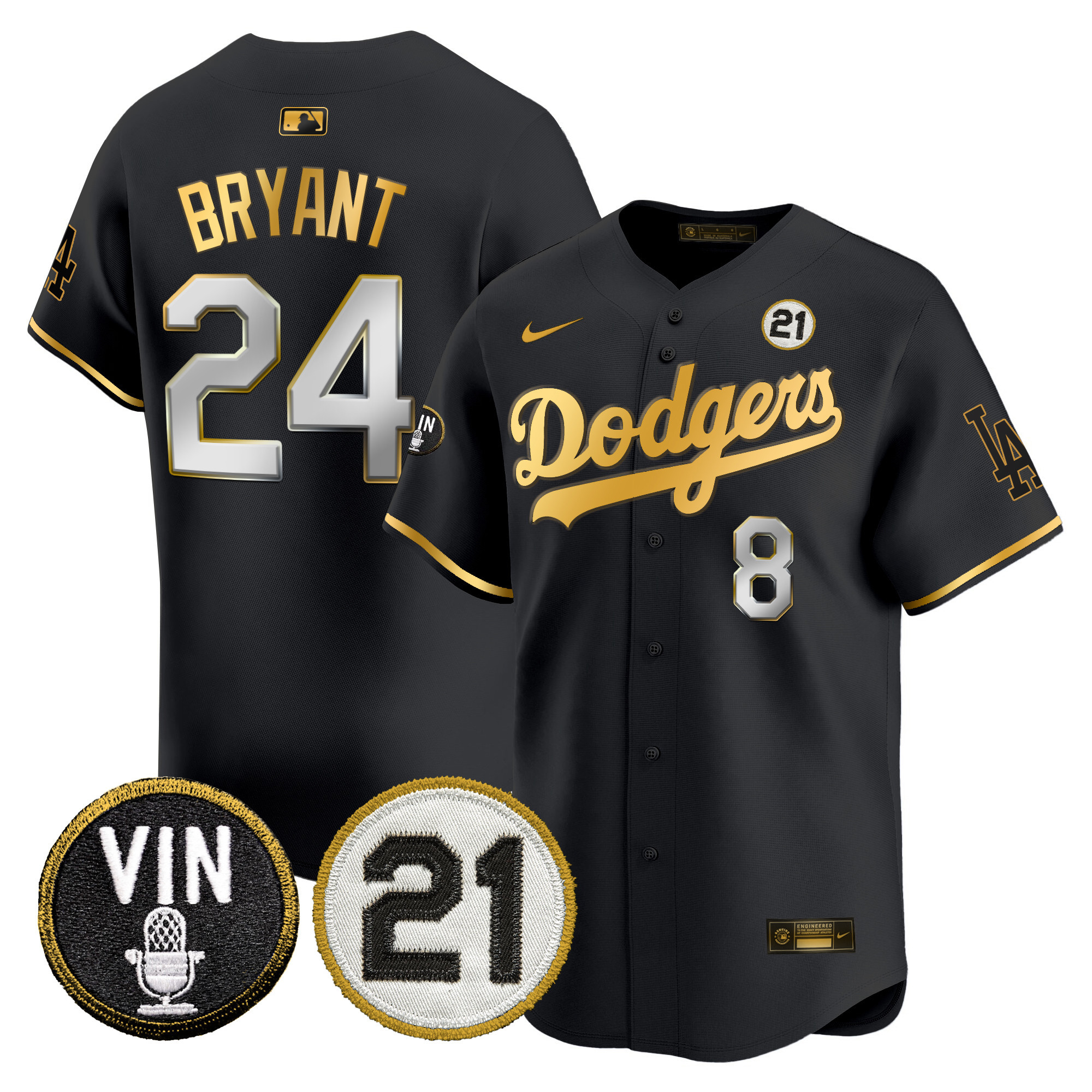 Men's Dodgers Vin & Roberto Patch Gold Trim Vapor Premier Limited Jersey - All Stitched