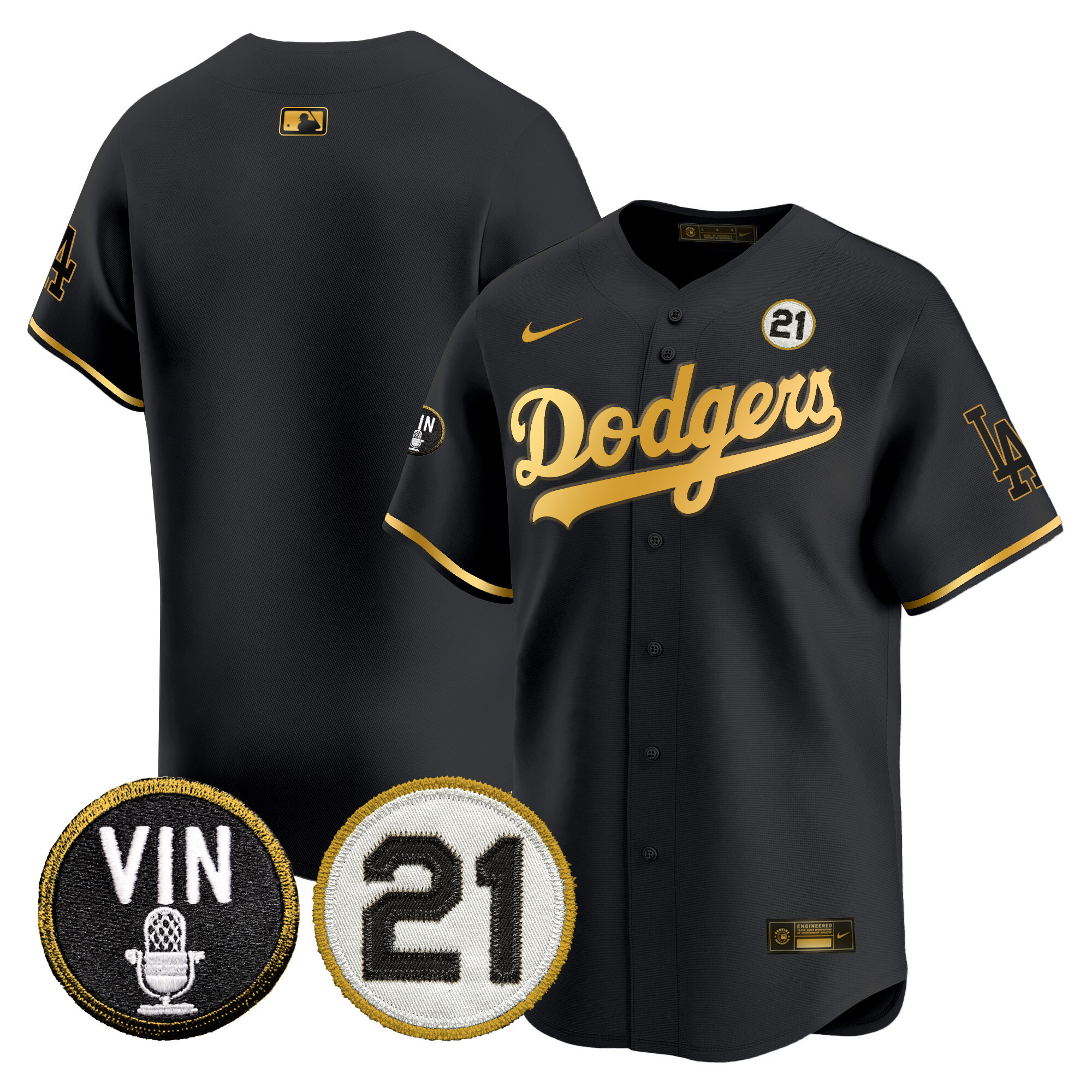 Men's Dodgers Vin & Roberto Patch Gold Trim Vapor Premier Limited Jersey - All Stitched