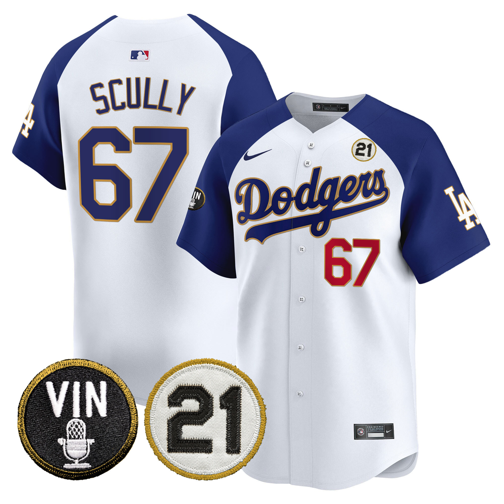 Men's Dodgers Vin & Roberto Patch Gold Trim Vapor Premier Limited Jersey - All Stitched