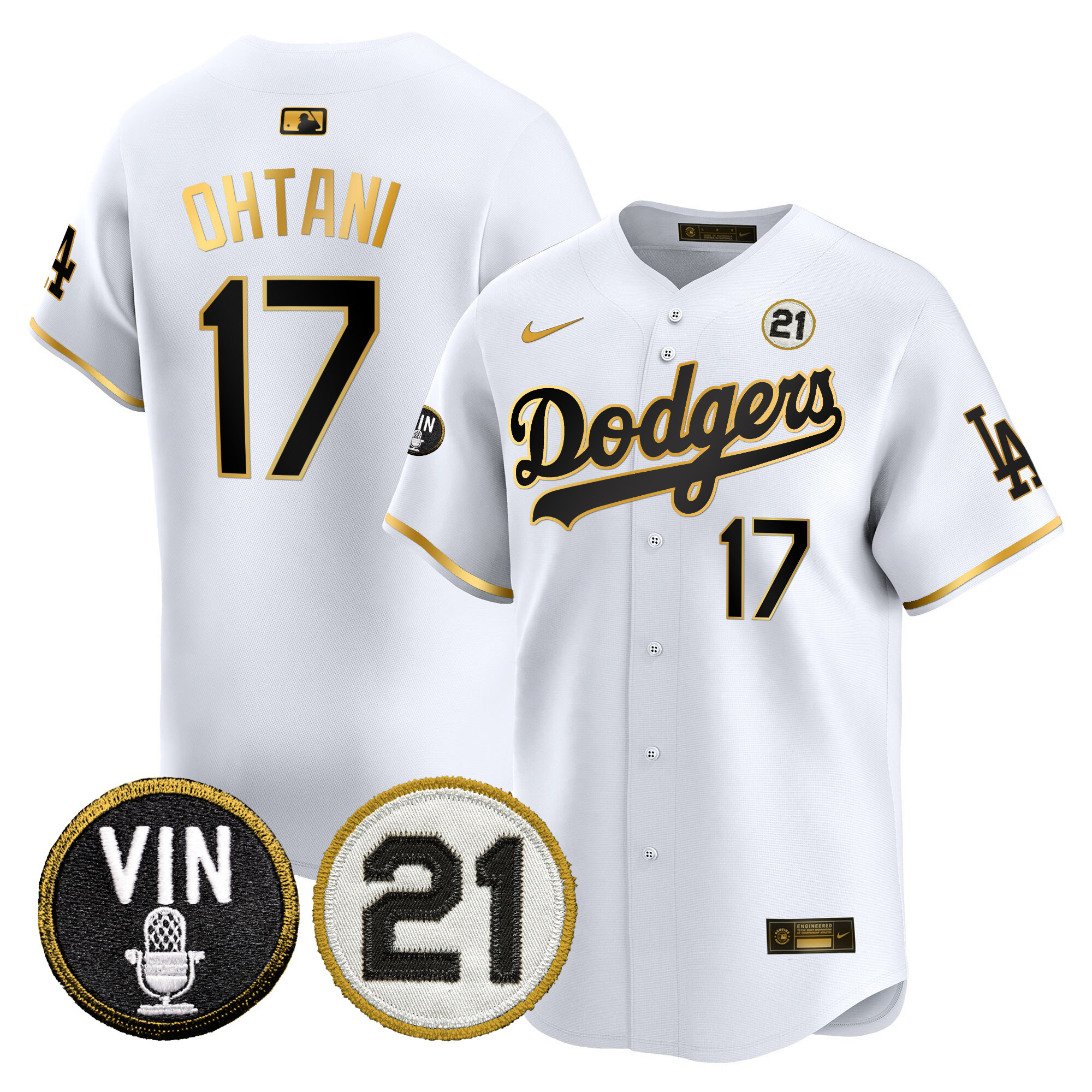 Men's Dodgers Vin & Roberto Patch Gold Trim Vapor Premier Limited Jersey - All Stitched
