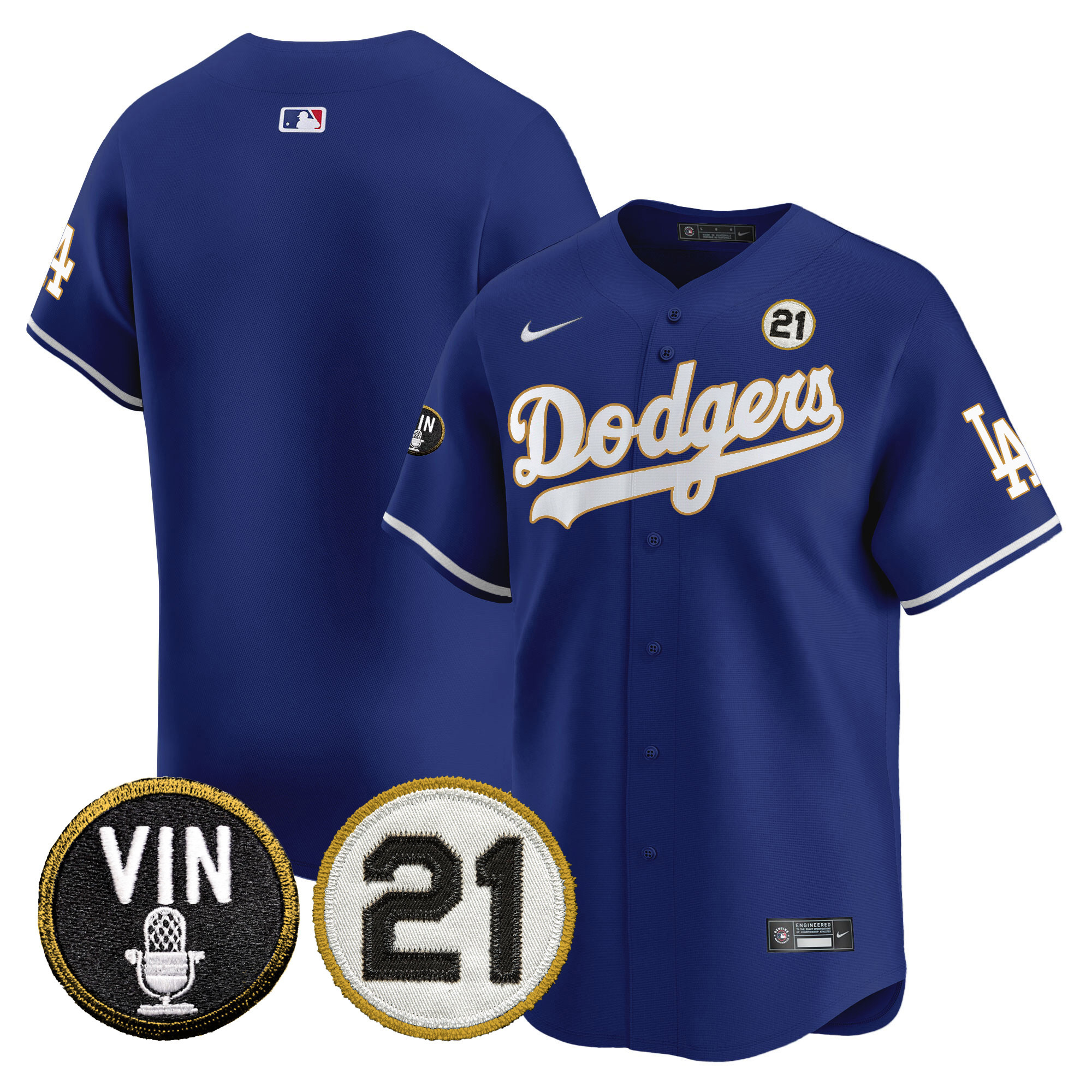Men's Dodgers Vin & Roberto Patch Gold Trim Vapor Premier Limited Jersey - All Stitched