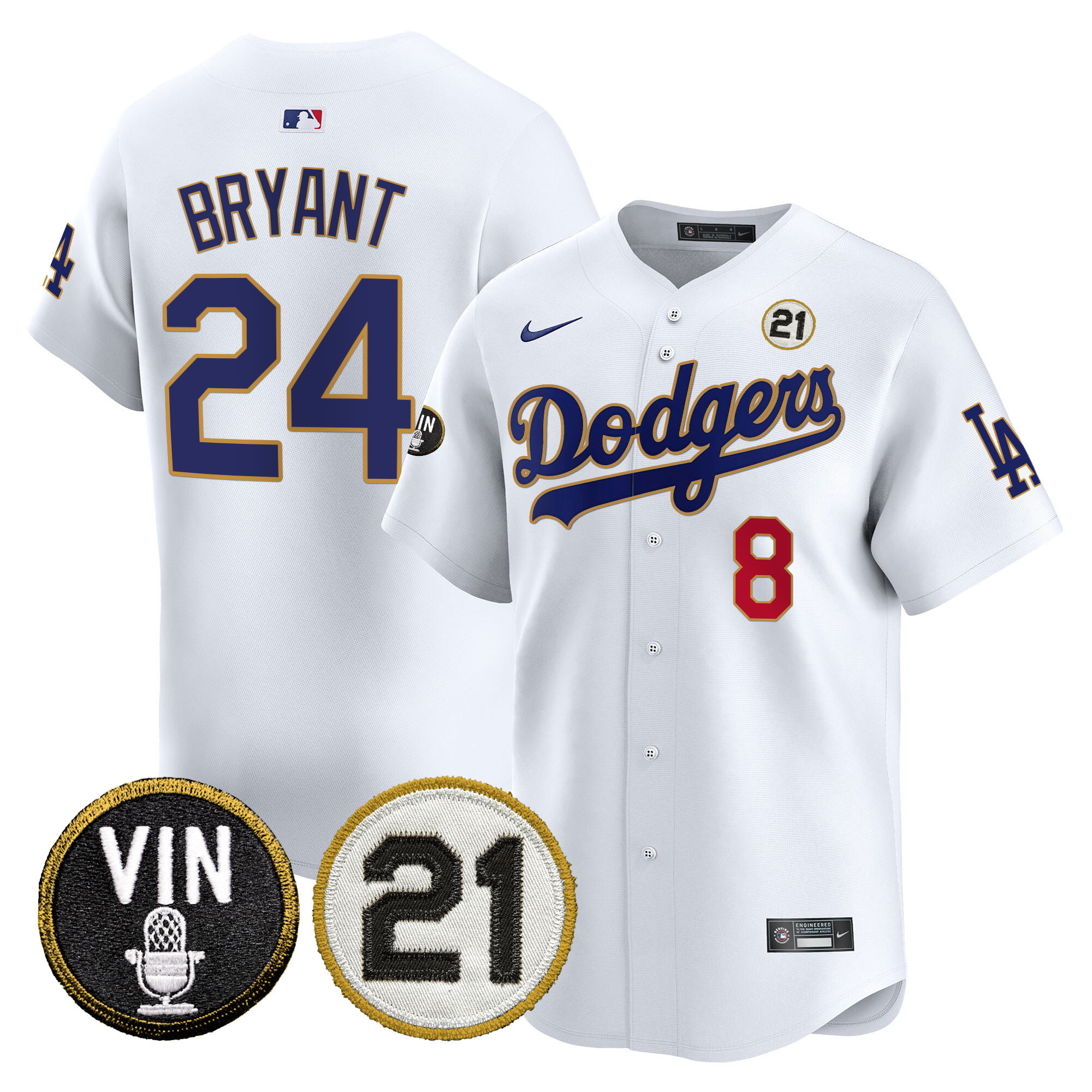 Men's Dodgers Vin & Roberto Patch Gold Trim Vapor Premier Limited Jersey - All Stitched