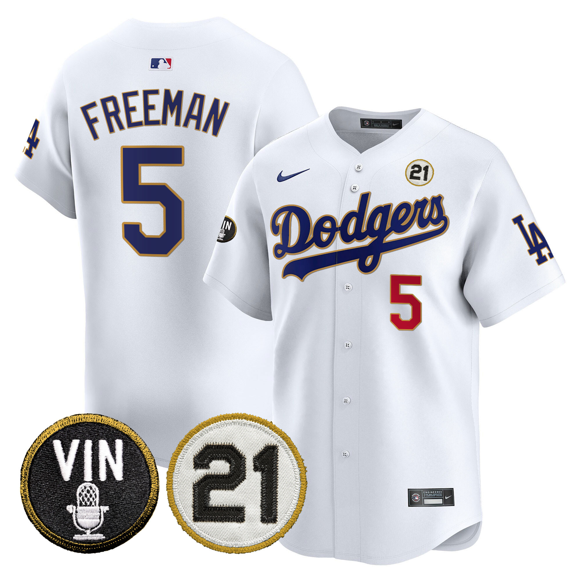 Men's Dodgers Vin & Roberto Patch Gold Trim Vapor Premier Limited Jersey - All Stitched