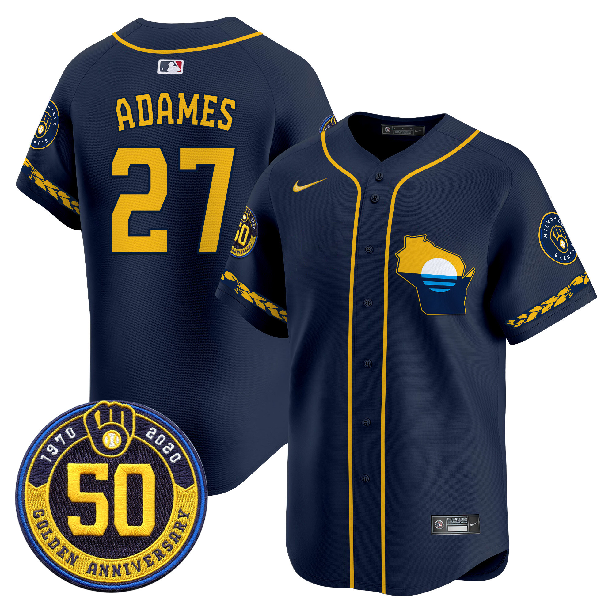 Men's Milwaukee Brewers Golden 50th Anniversary Patch Vapor Premier Limited Jersey - All Stitched