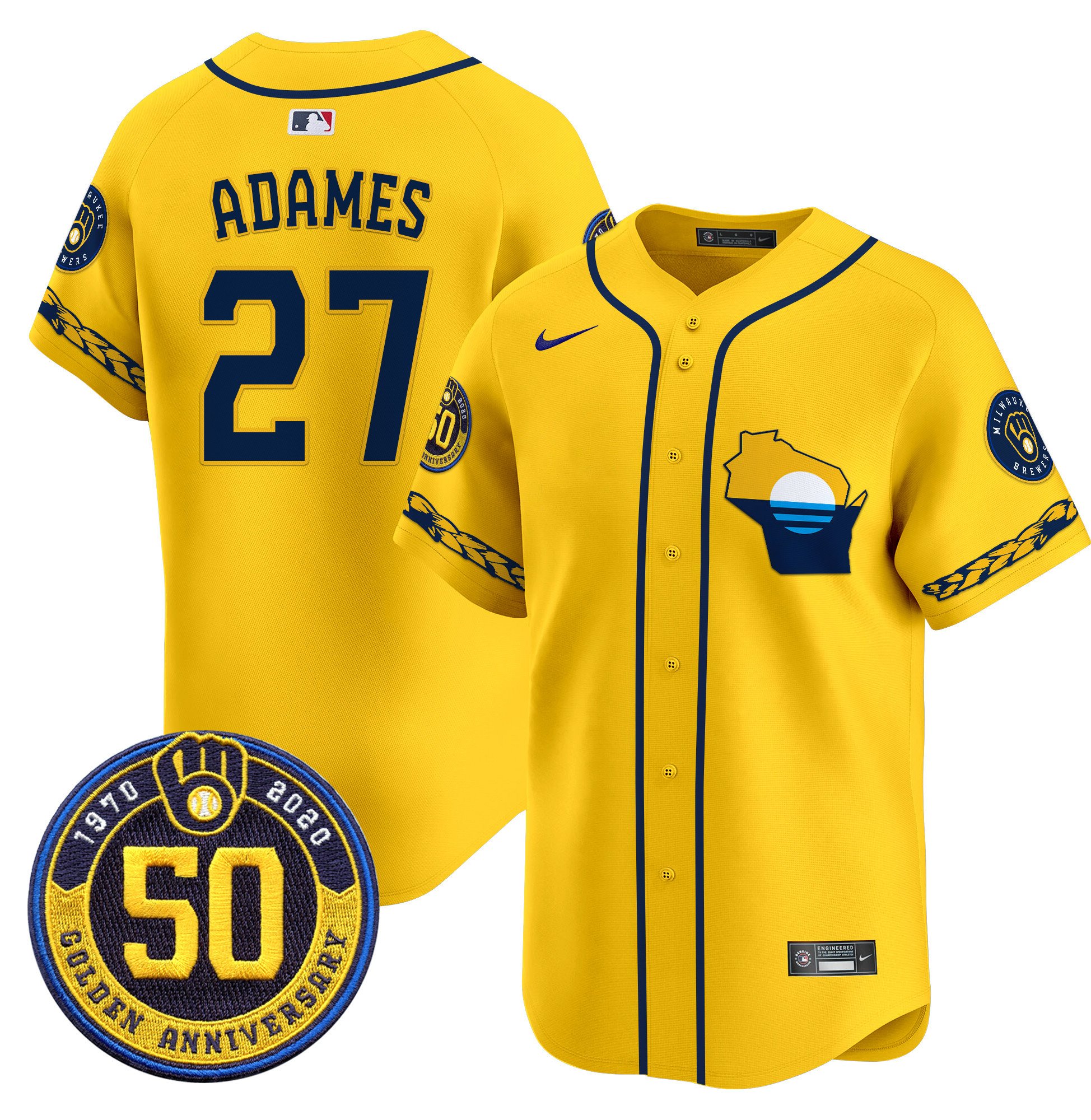 Men's Milwaukee Brewers Golden 50th Anniversary Patch Vapor Premier Limited Jersey - All Stitched