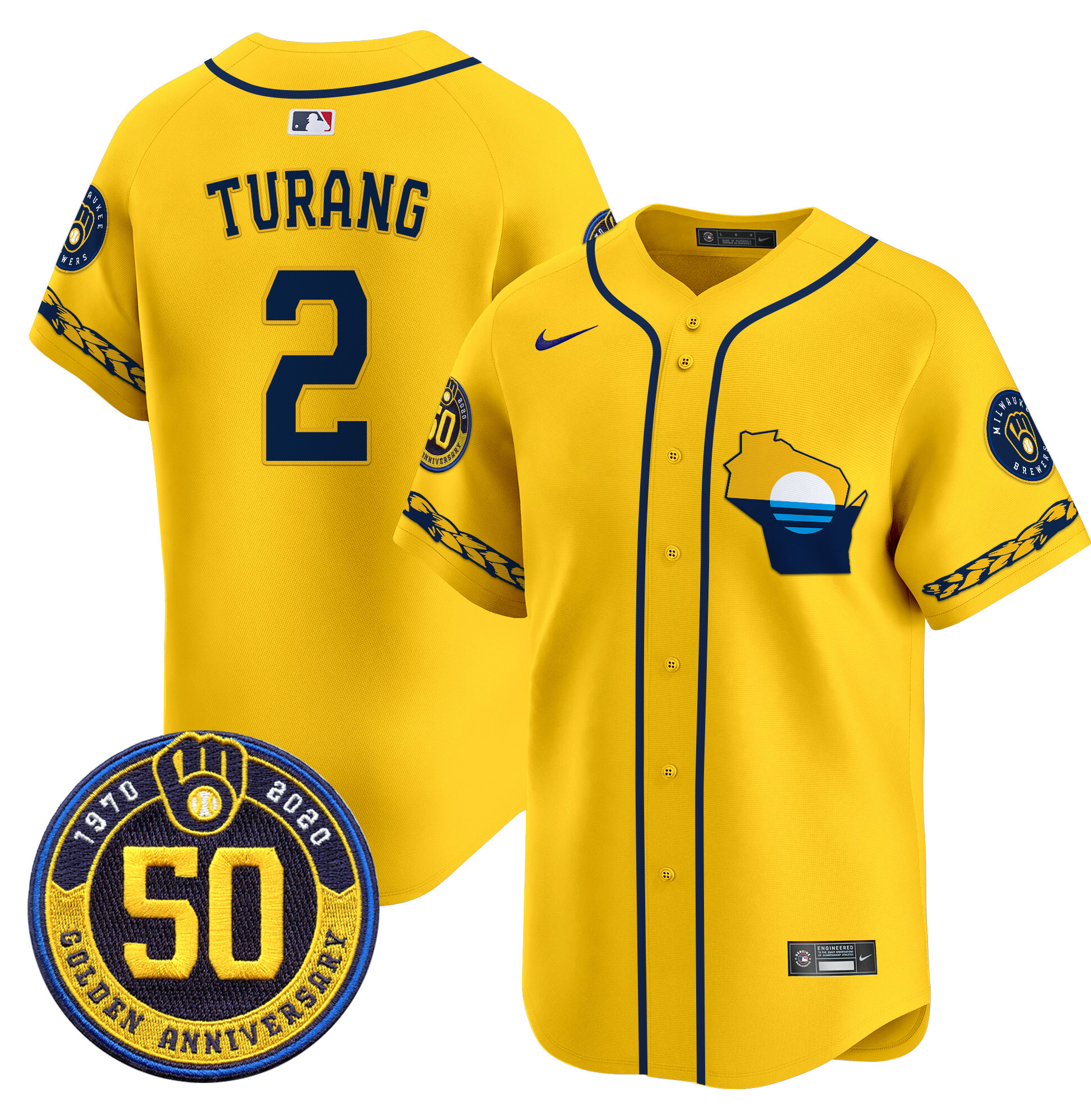 Men's Milwaukee Brewers Golden 50th Anniversary Patch Vapor Premier Limited Jersey - All Stitched