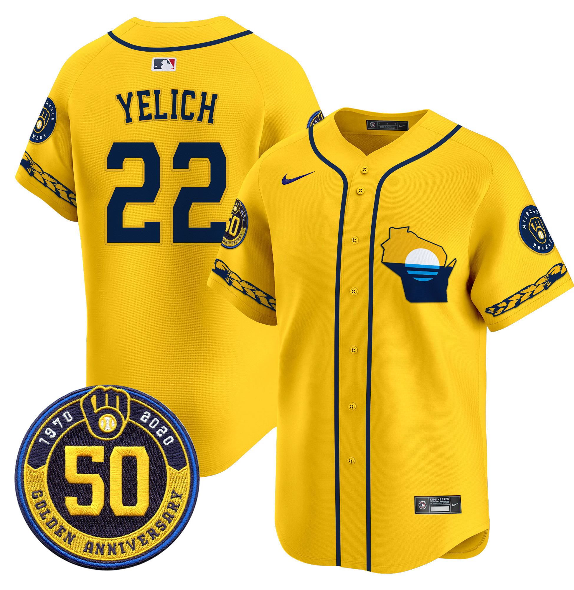 Men's Milwaukee Brewers Golden 50th Anniversary Patch Vapor Premier Limited Jersey - All Stitched