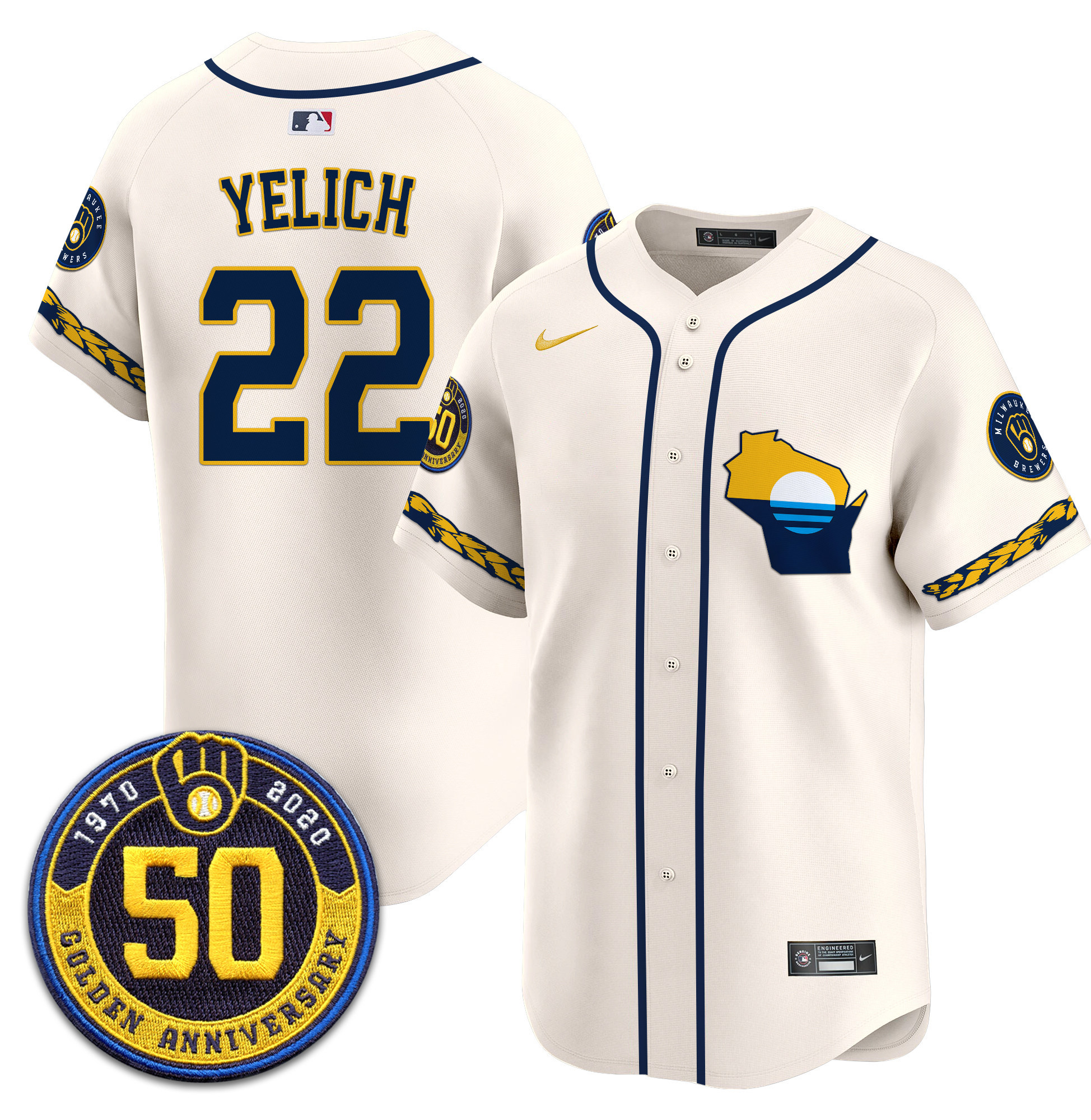 Men's Milwaukee Brewers Golden 50th Anniversary Patch Vapor Premier Limited Jersey - All Stitched
