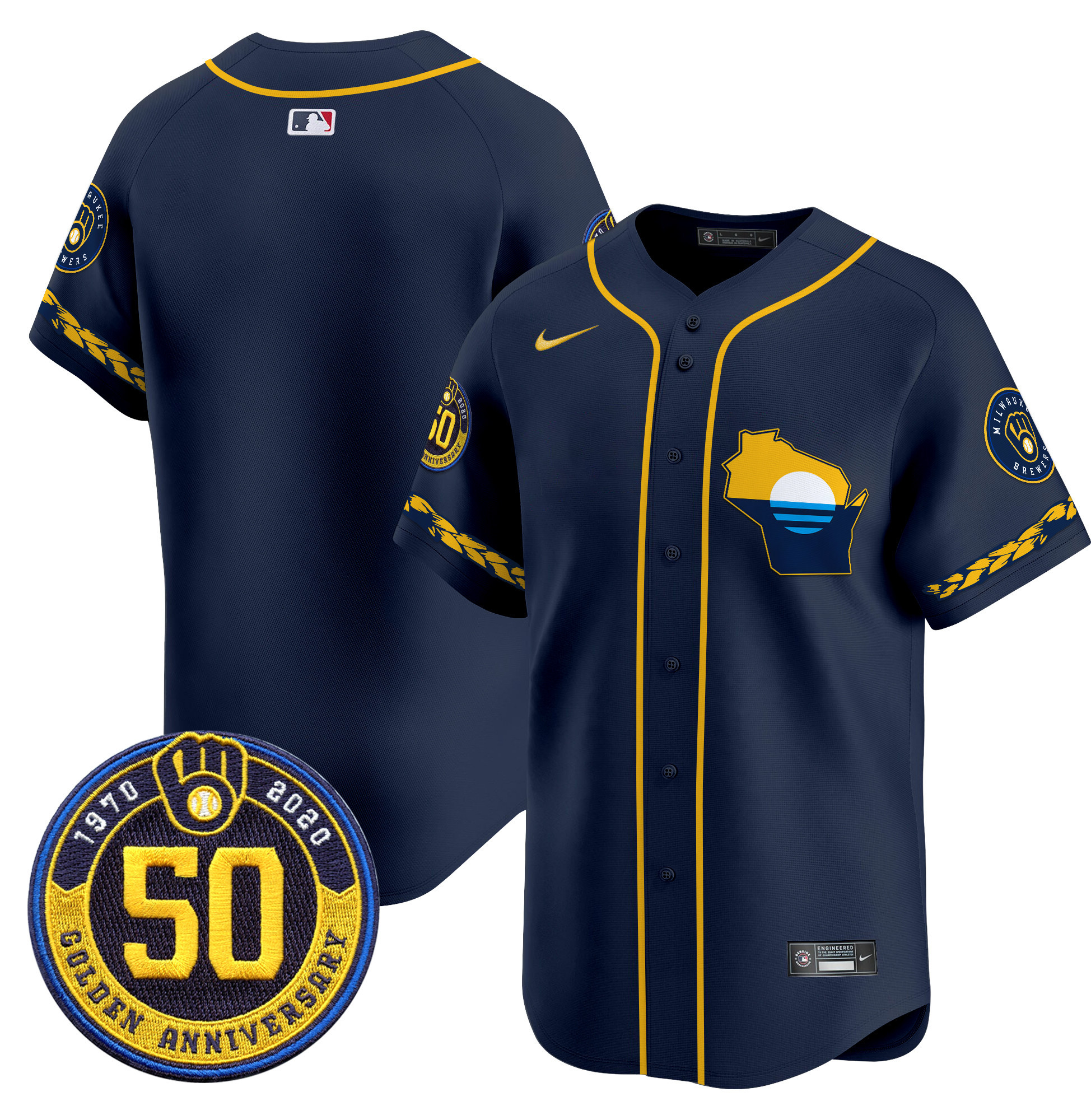 Men's Milwaukee Brewers Golden 50th Anniversary Patch Vapor Premier Limited Jersey - All Stitched