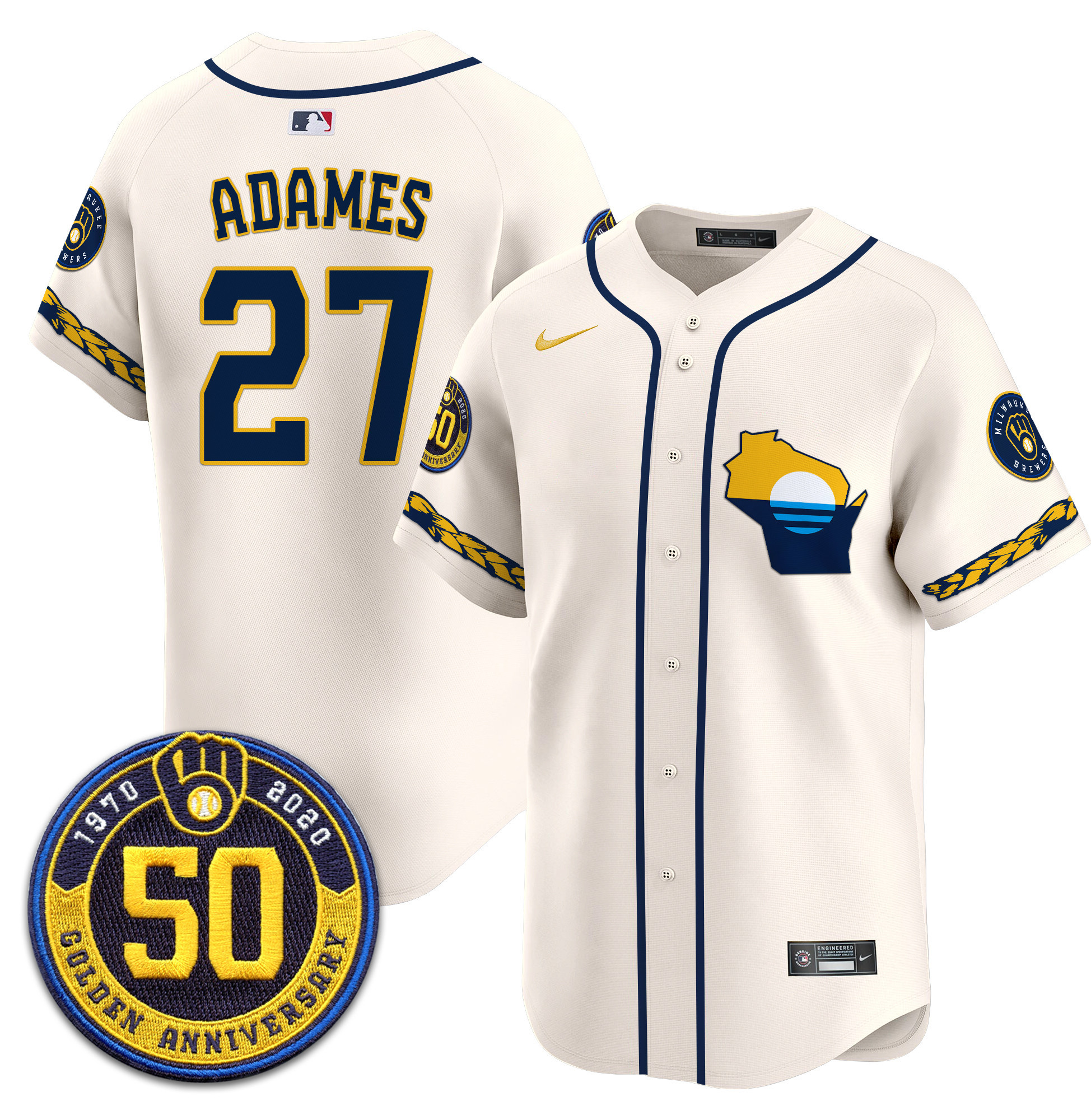 Men's Milwaukee Brewers Golden 50th Anniversary Patch Vapor Premier Limited Jersey - All Stitched
