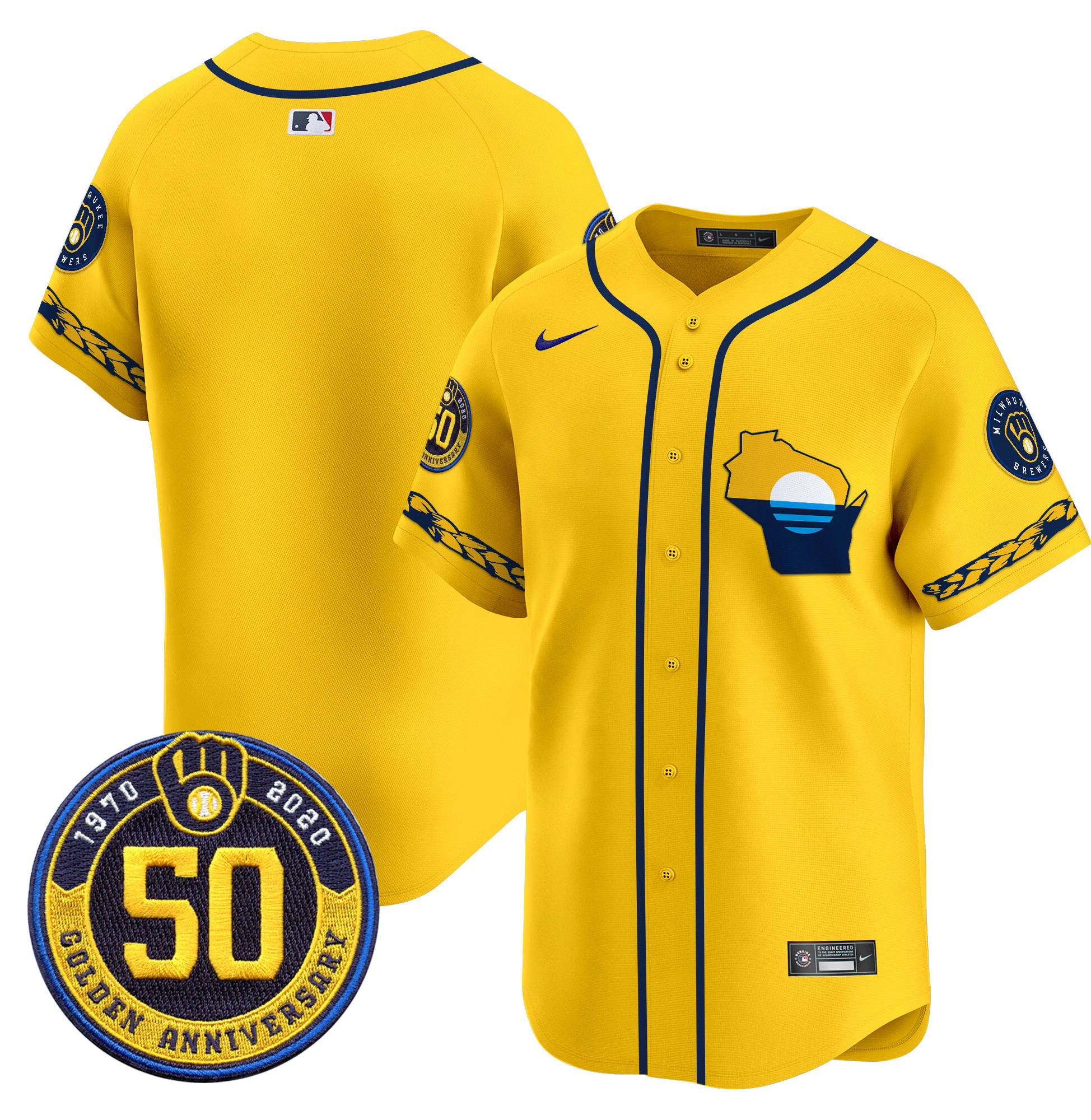 Men's Milwaukee Brewers Golden 50th Anniversary Patch Vapor Premier Limited Jersey - All Stitched