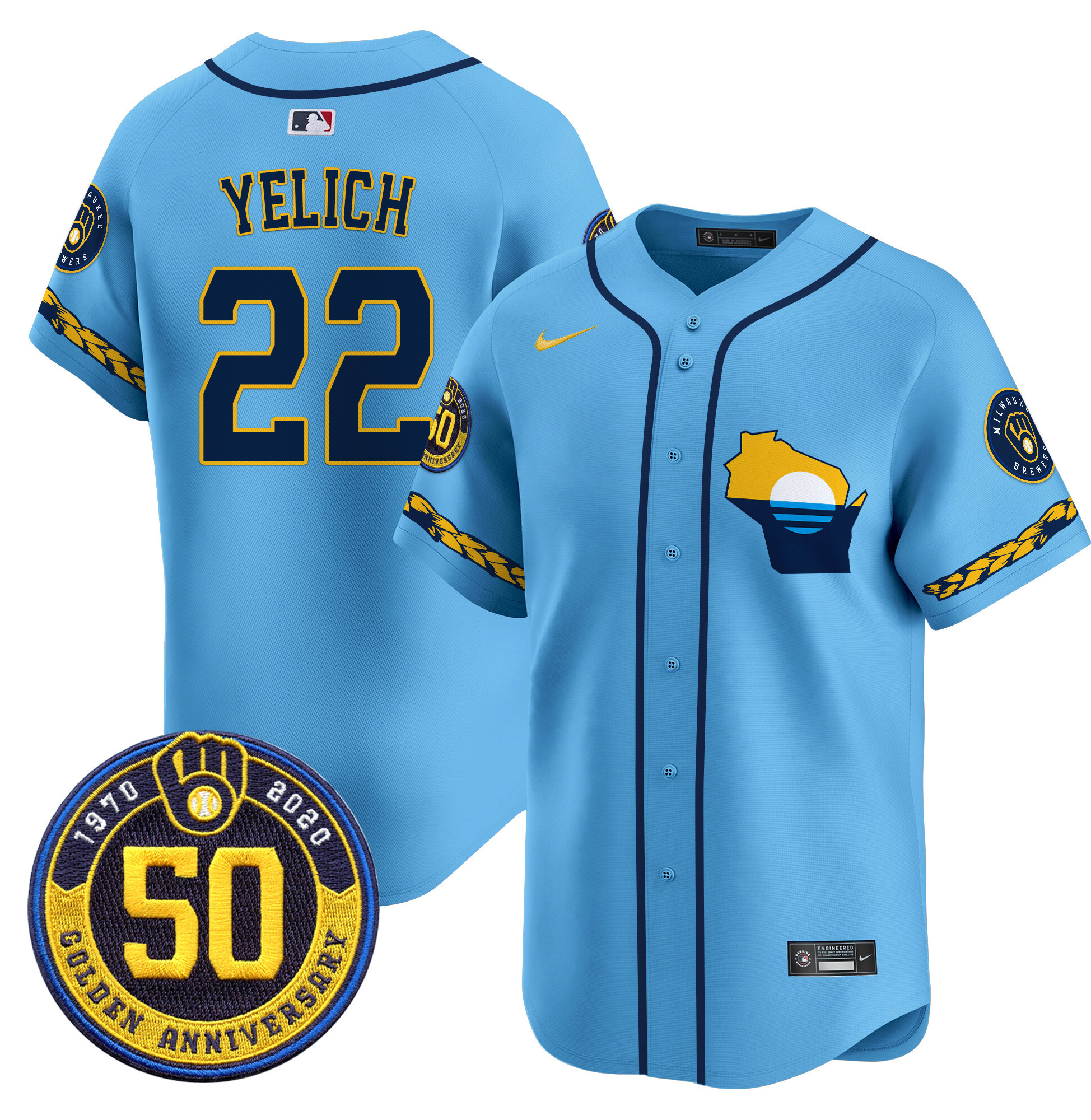 Men's Milwaukee Brewers Golden 50th Anniversary Patch Vapor Premier Limited Jersey - All Stitched