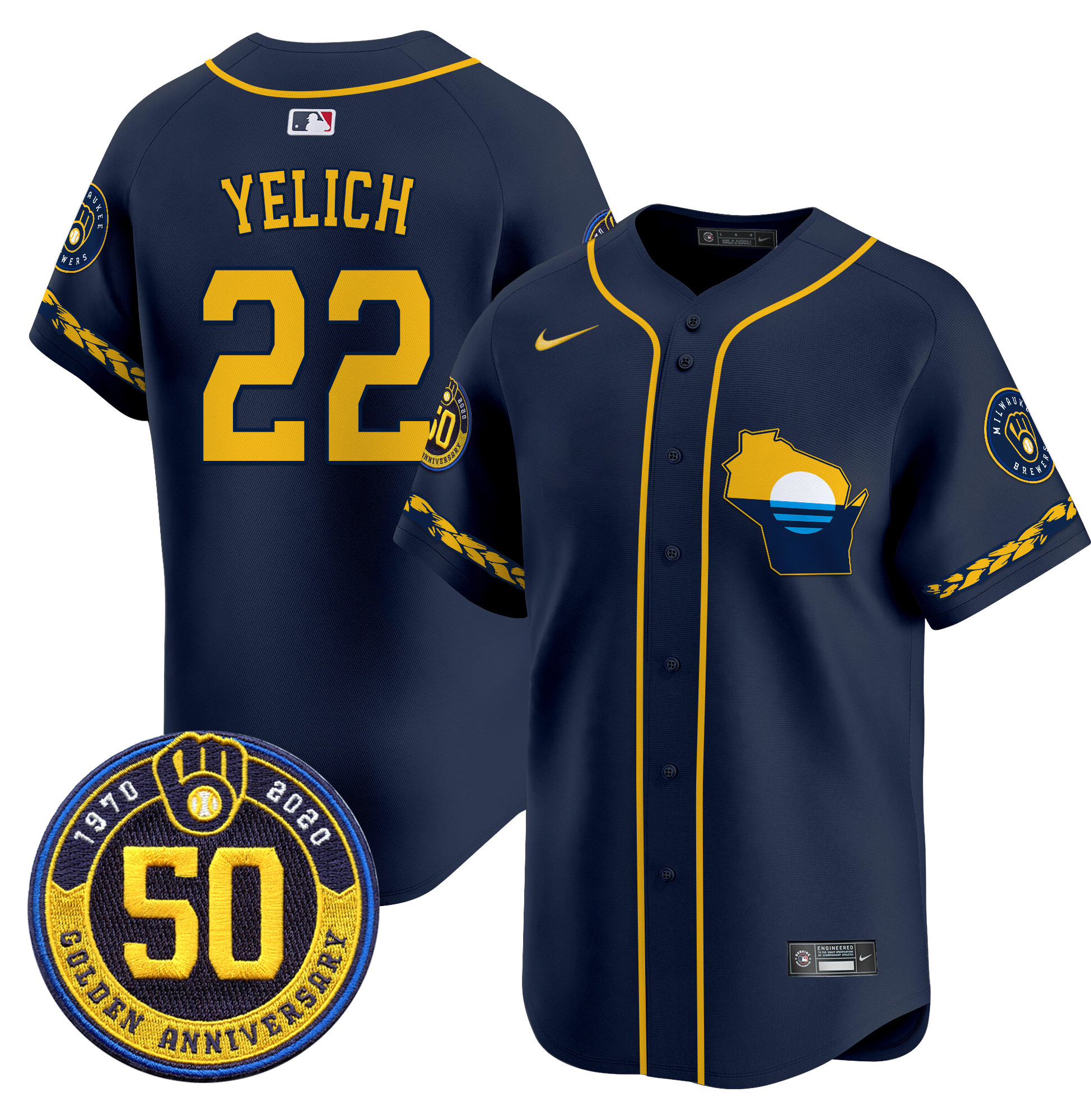 Men's Milwaukee Brewers Golden 50th Anniversary Patch Vapor Premier Limited Jersey - All Stitched