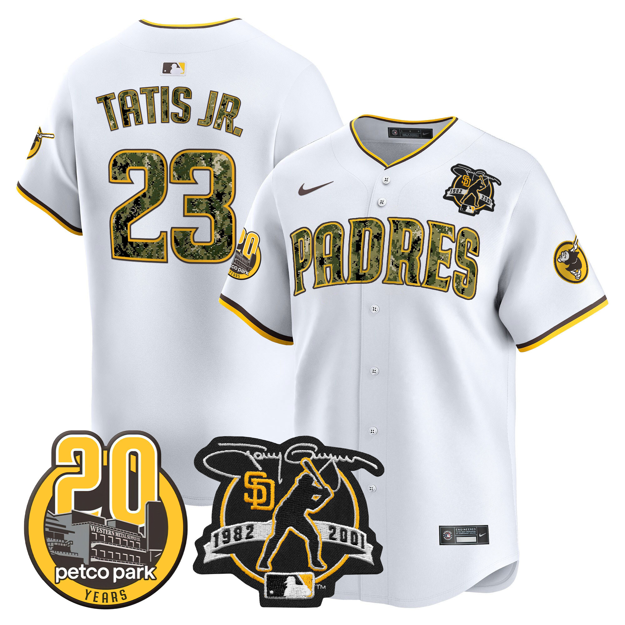 Men's Padres Tony Gwynn & Petco Park 20th Patch USMC Vapor Premier Limited Jersey V2 – All Stitched