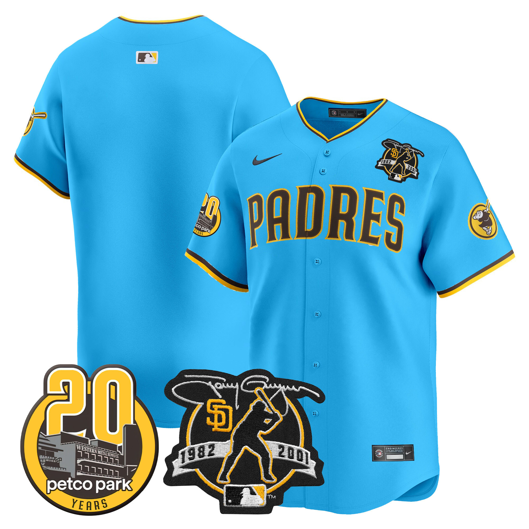 Men's Padres Tony Gwynn & Petco Park 20th Patch Vapor Premier Limited Jersey V2 – All Stitched