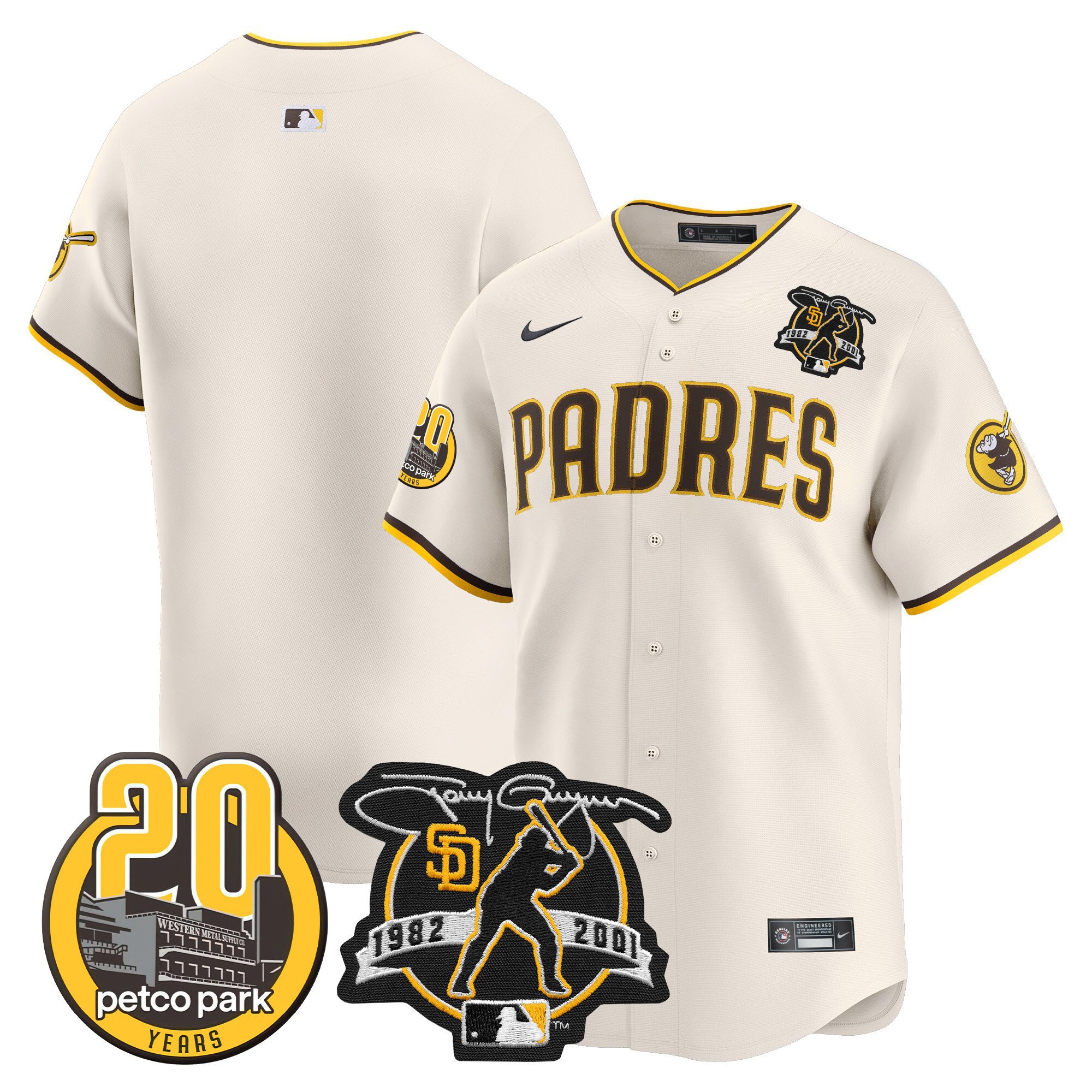 Men's Padres Tony Gwynn & Petco Park 20th Patch Vapor Premier Limited Jersey V2 – All Stitched