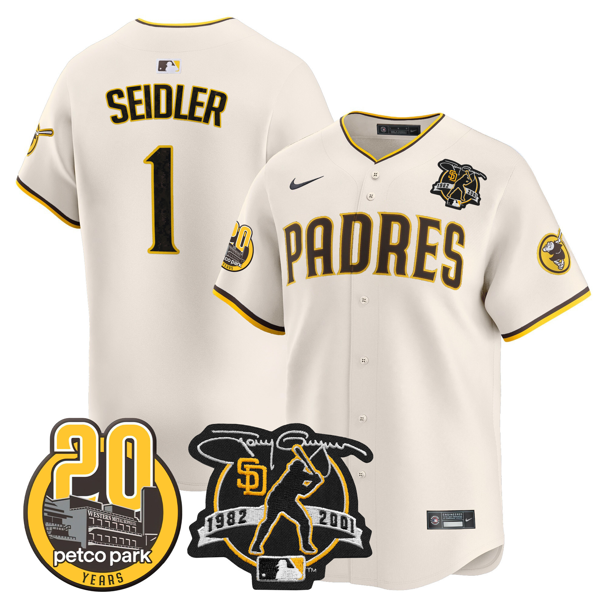 Men's Padres Tony Gwynn & Petco Park 20th Patch Vapor Premier Limited Jersey V2 – All Stitched