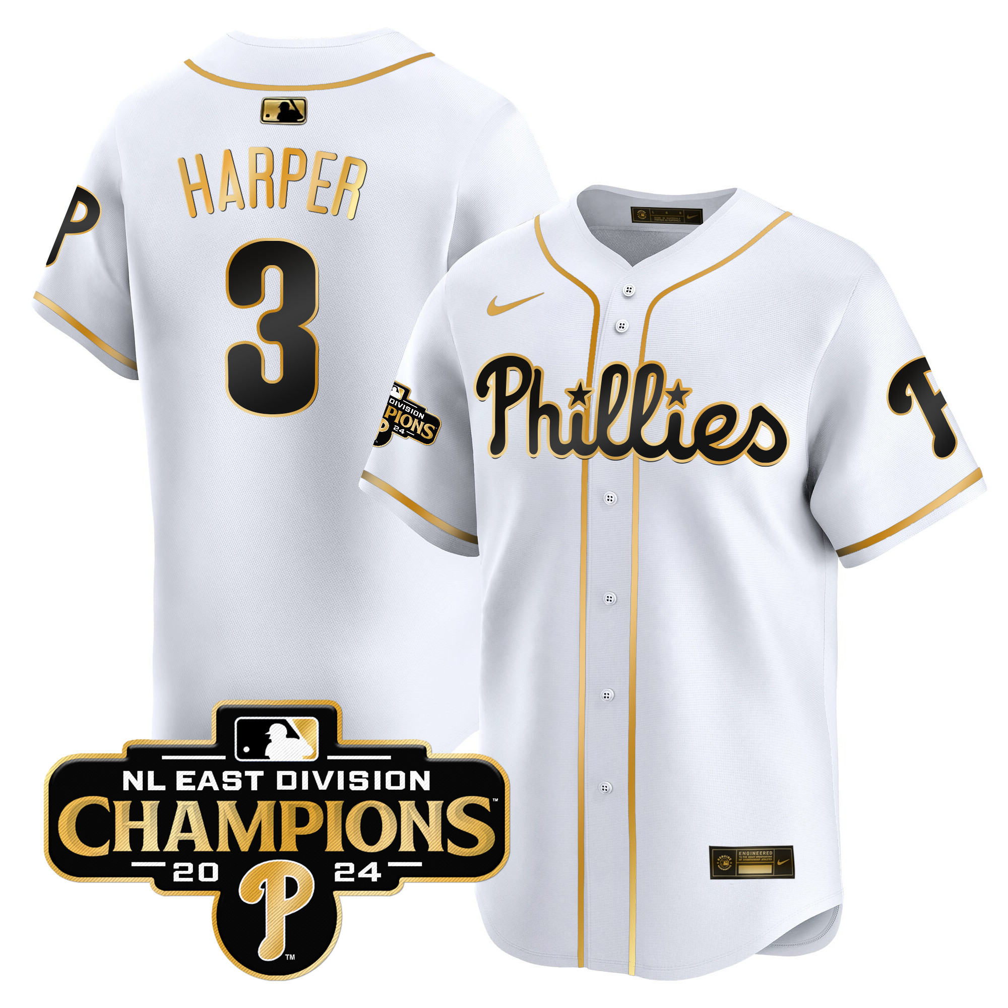 Men's Phillies 2024 NL East Division Champions Gold Vapor Premier Limited Jersey - All Stitched